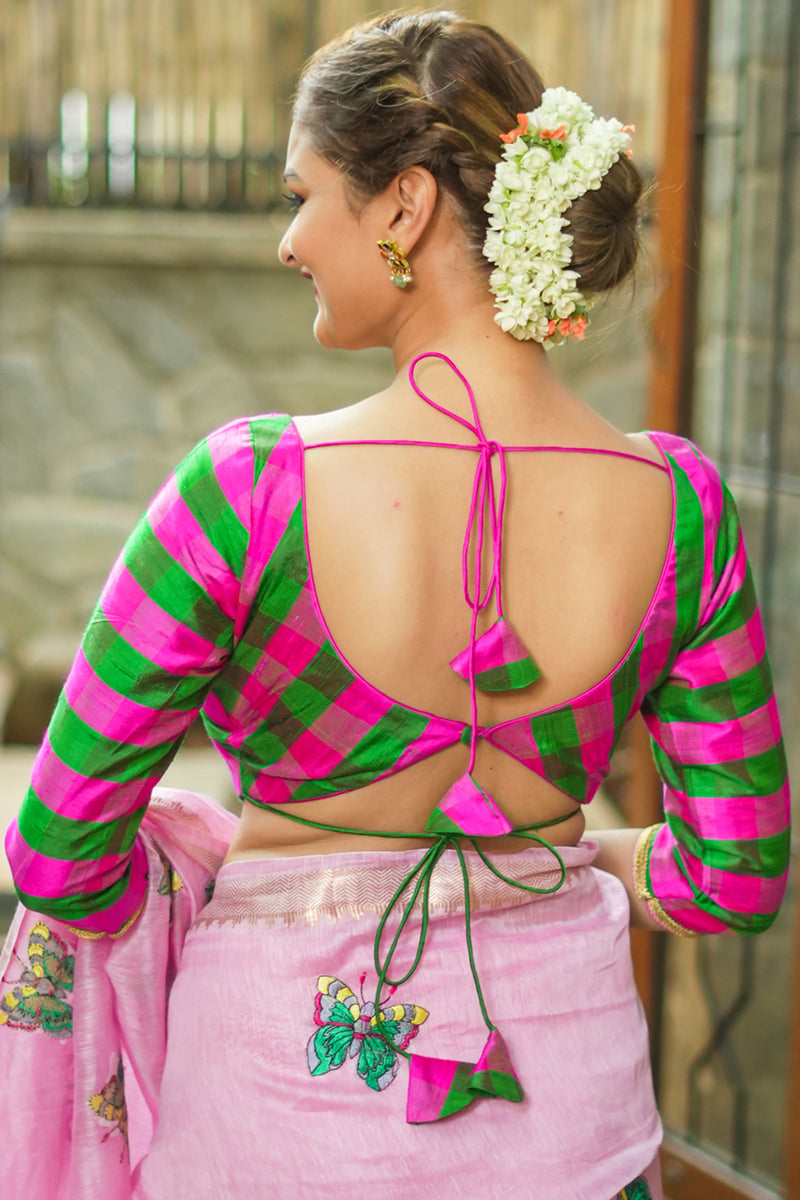Emerald green pink checked pure rawsilk U neck blouse – House of ...
