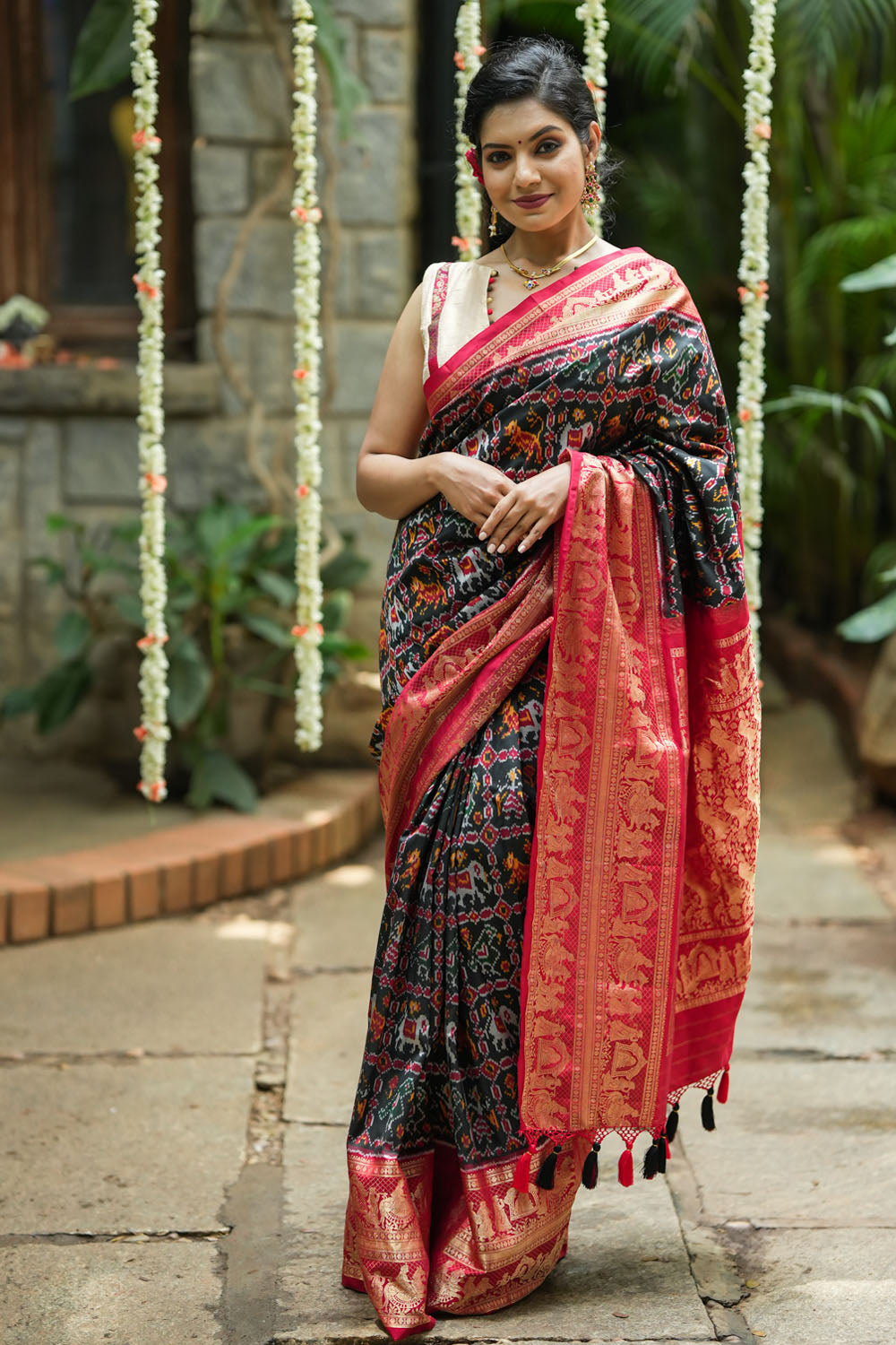 Ikkat Kanjivaram Fusion Silk Saree in Black & Red with Wide Zari Borde