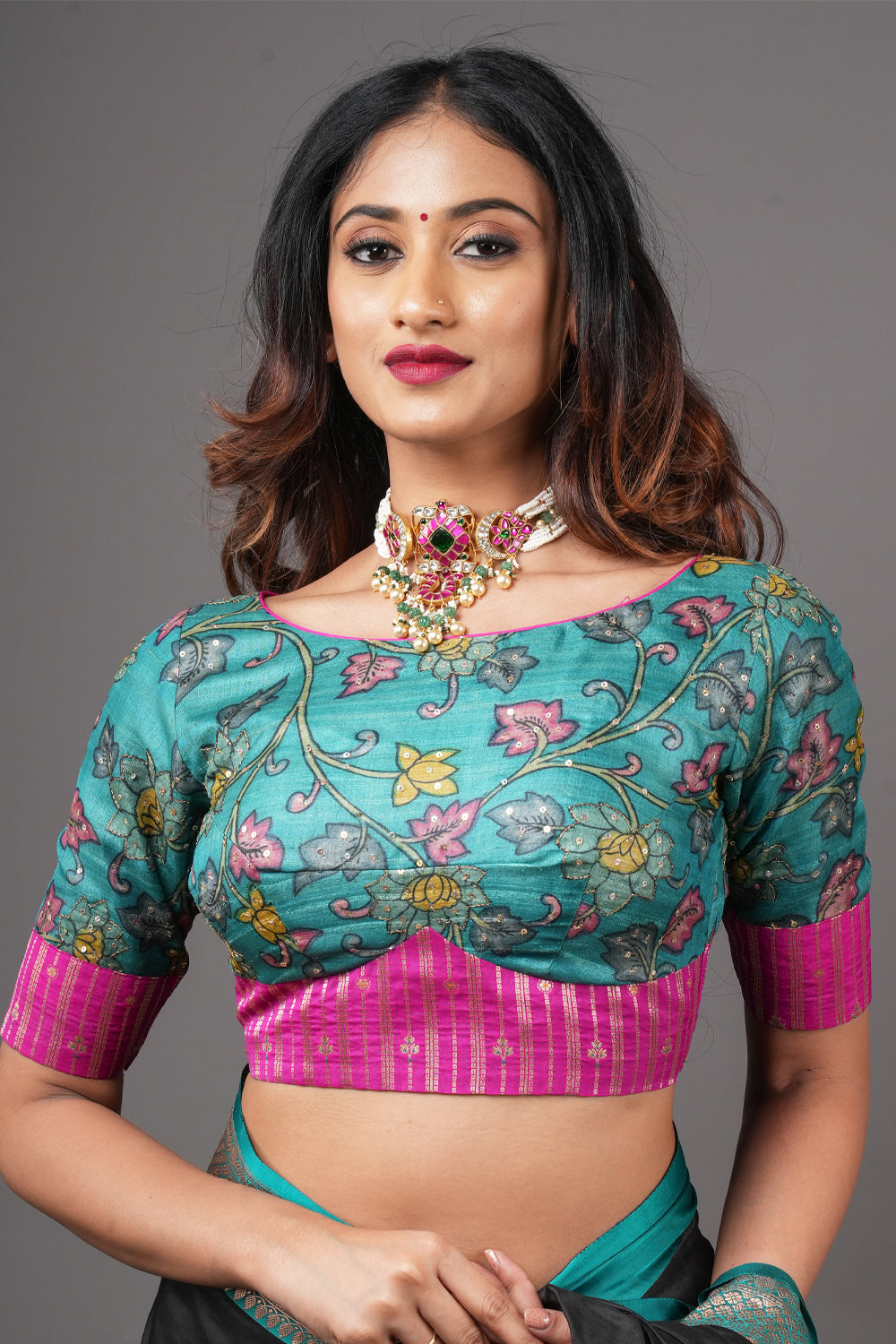 Teal pure tussar silk boatneck blouse with kalamkari print and sequins