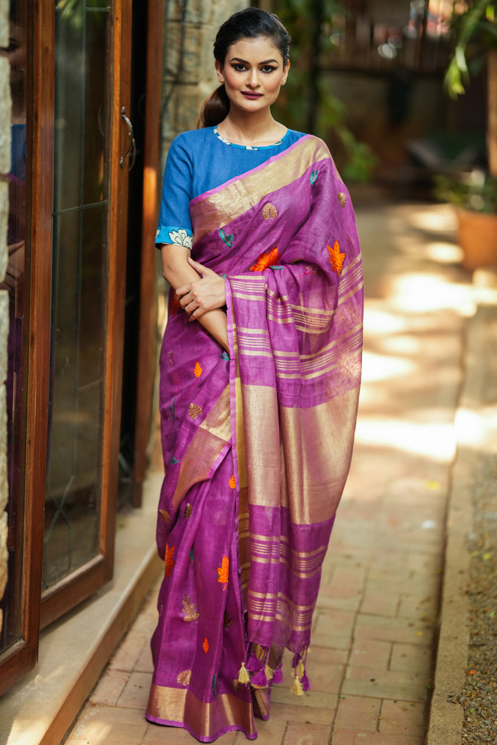 Light Purple Linen Saree with Embroidery