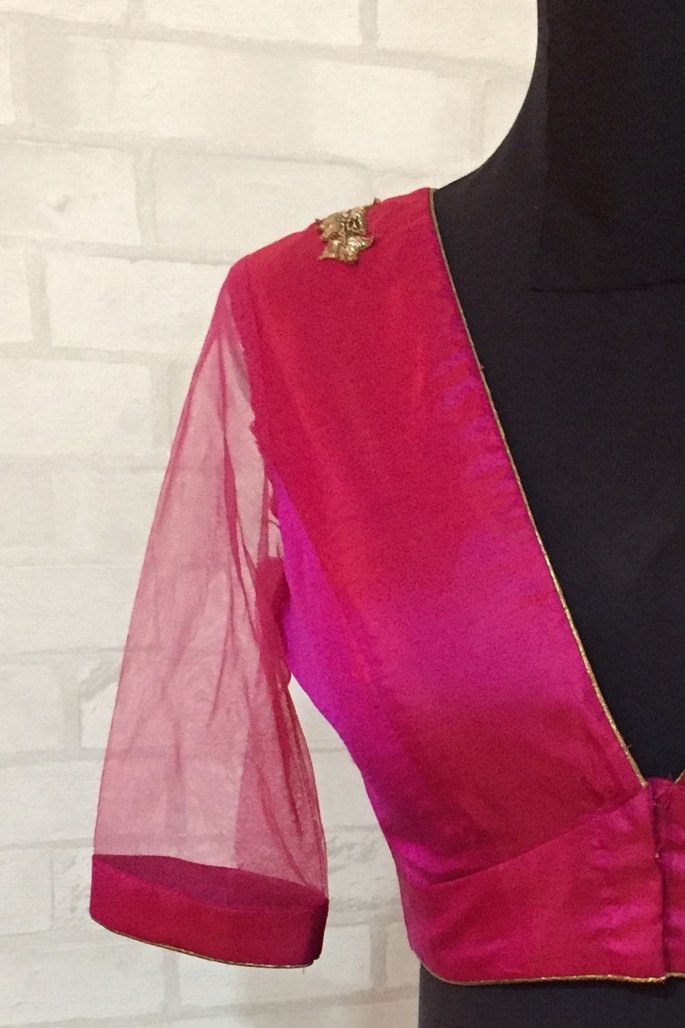 Fuchsia pink raw silk hi neck blouse with gold lace detailing