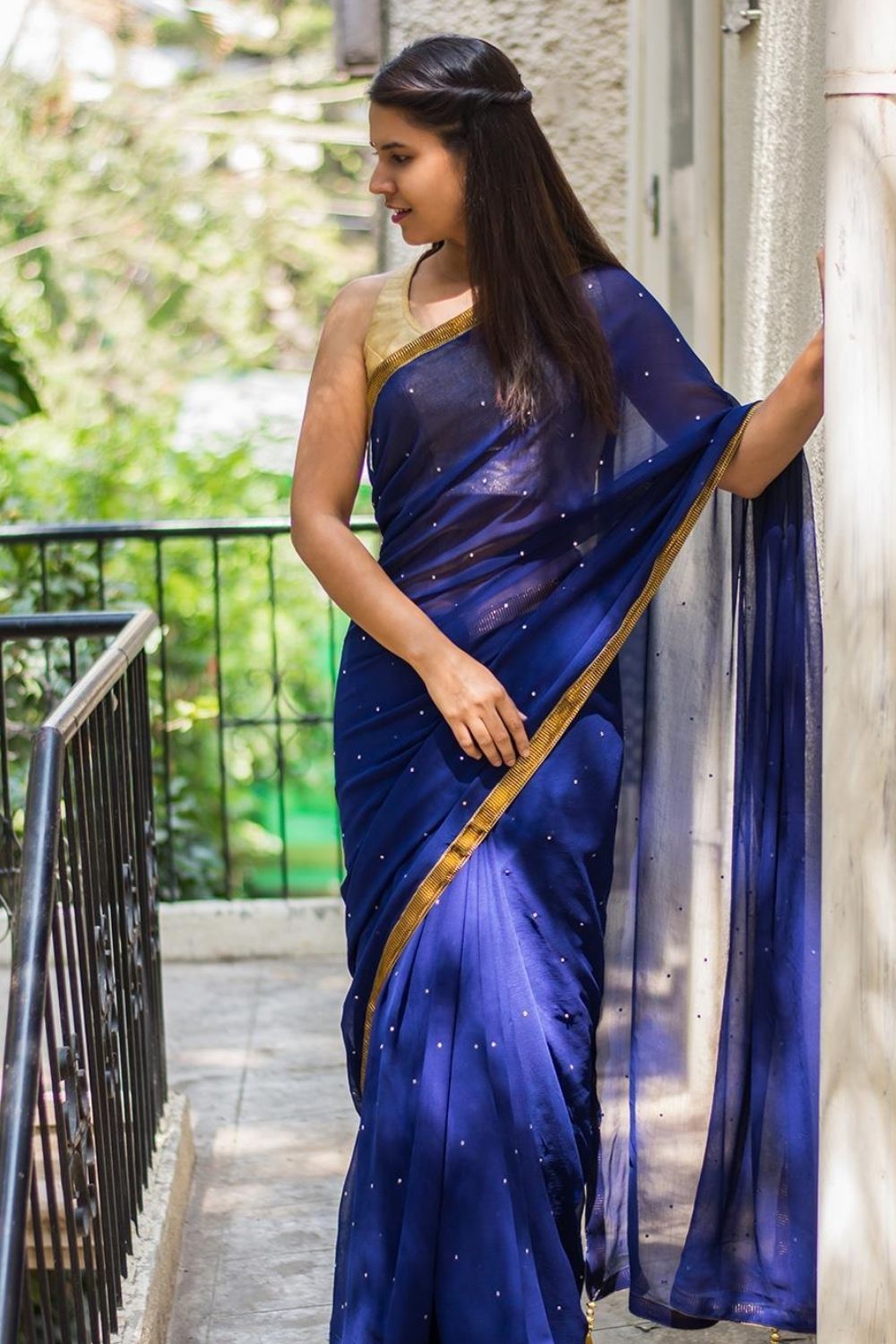 Buy Indian Dress Saree Royal Blue Georgette Latest Sarees U Neck
