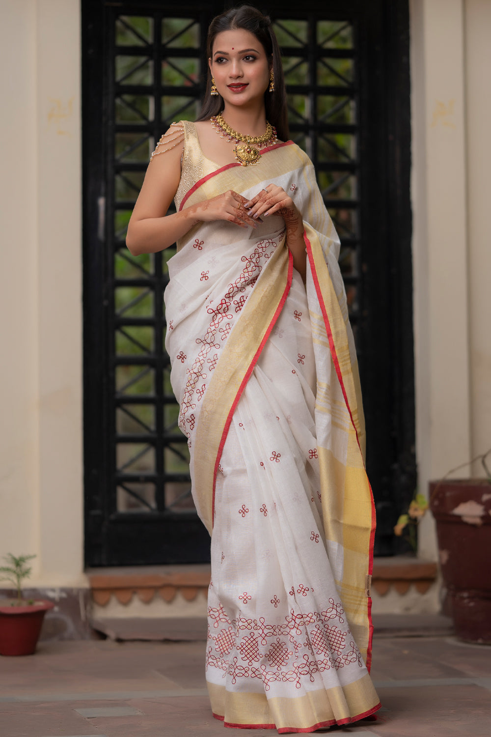 Pink Pure Linen Saree with Floral Digital Print