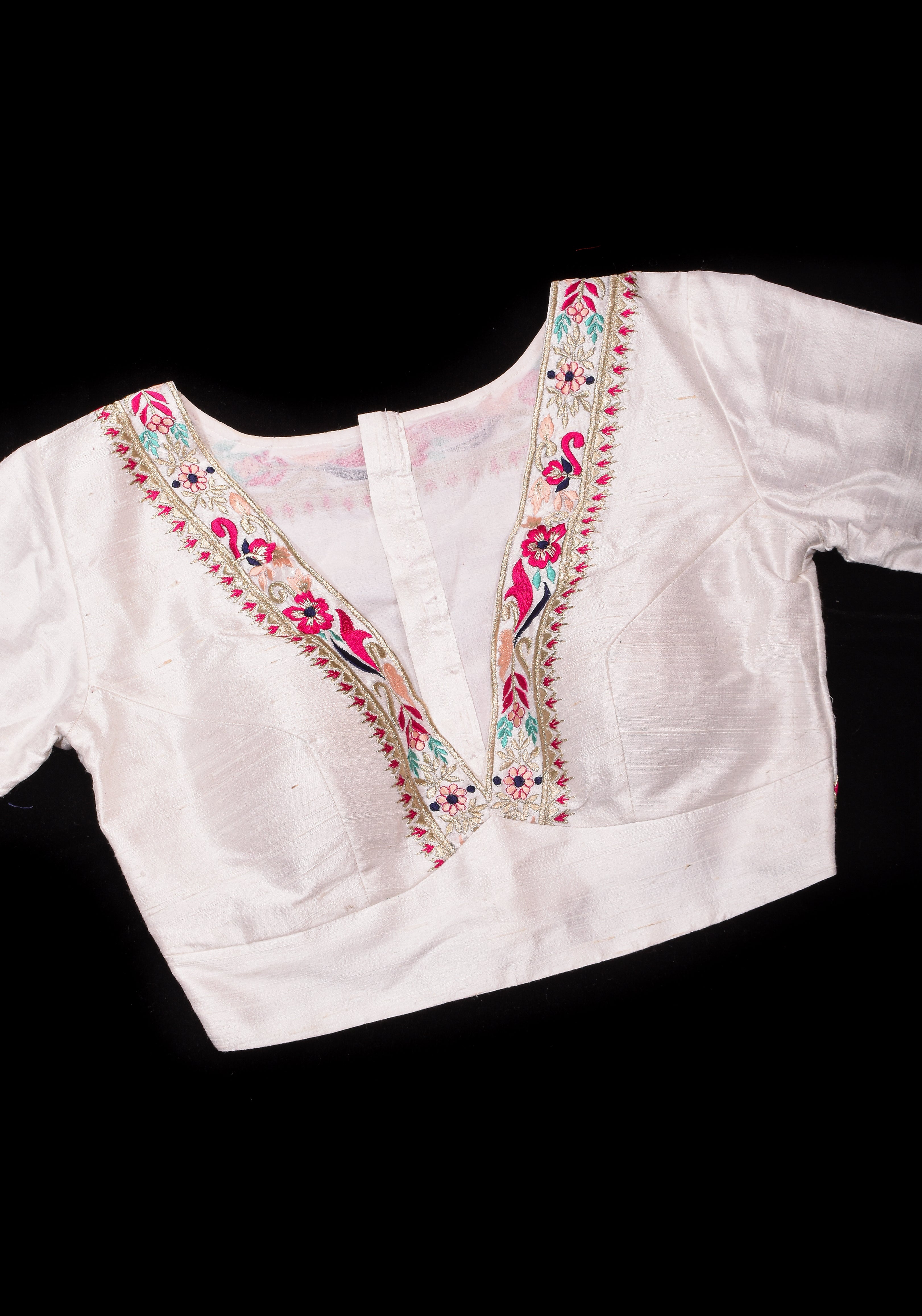 BLOUSE : White Pure Raw Silk Blouse With Multicolor embroidery