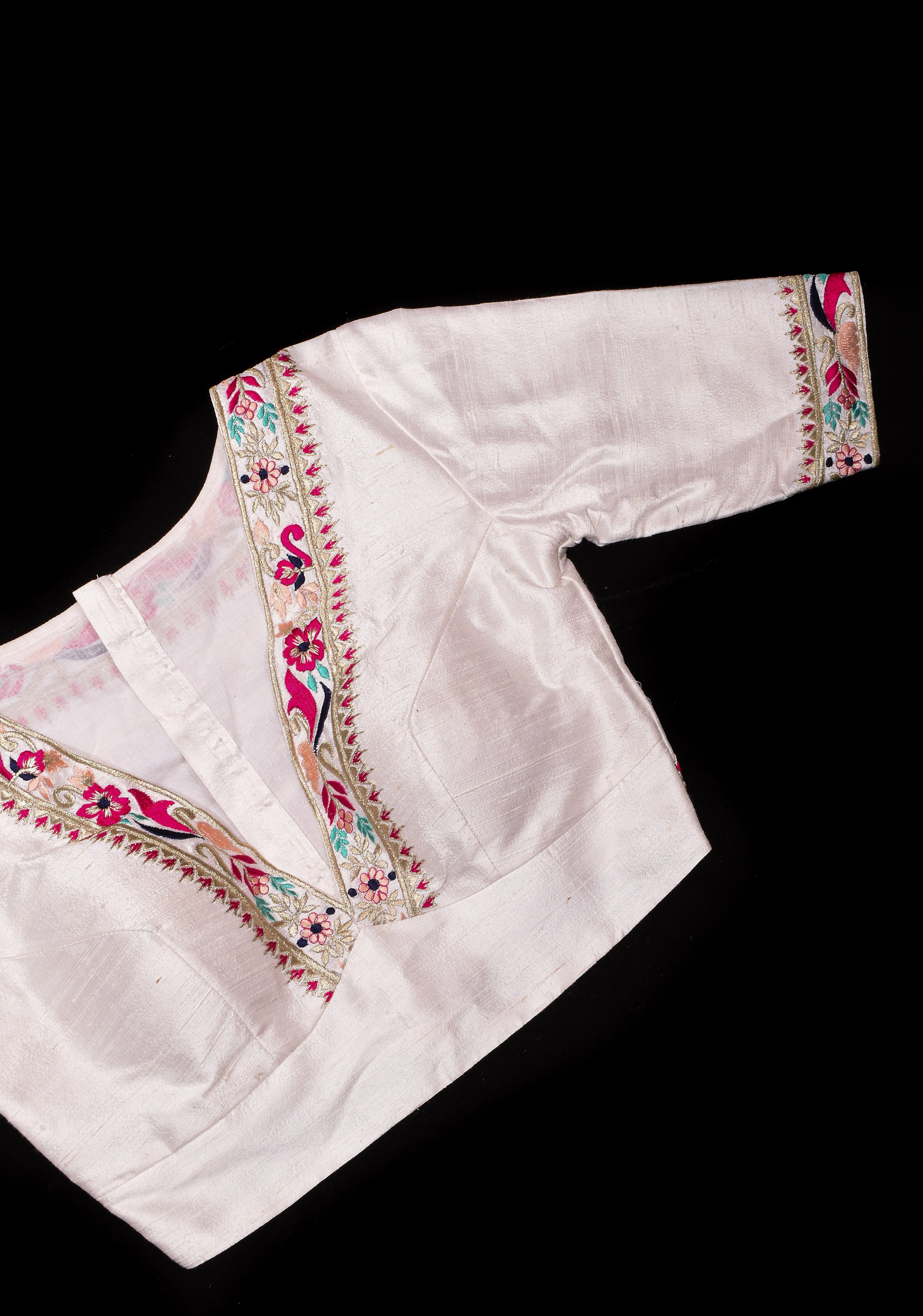 BLOUSE : White Pure Raw Silk Blouse With Multicolor embroidery