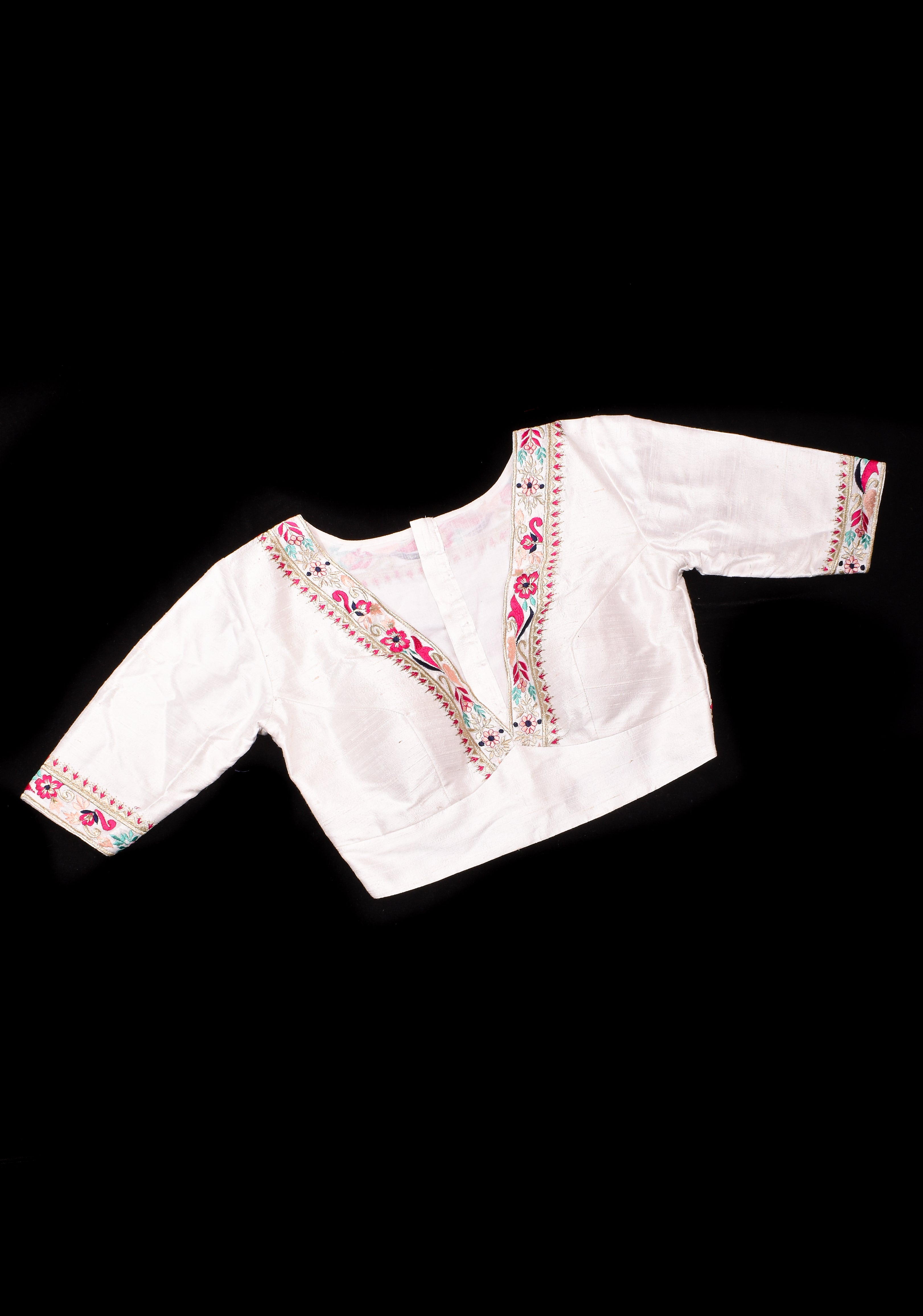 BLOUSE : White Pure Raw Silk Blouse With Multicolor embroidery