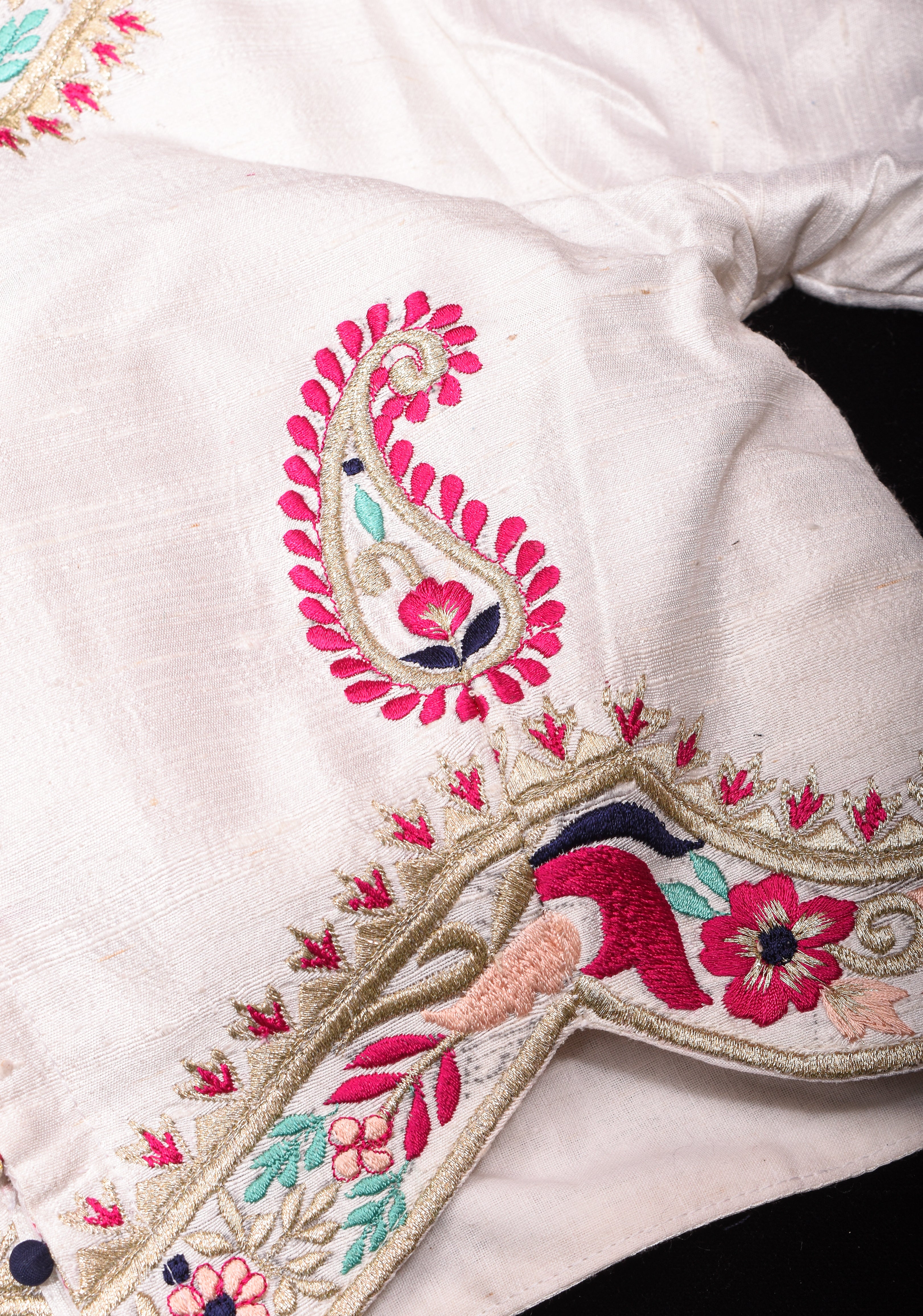 BLOUSE : White Pure Raw Silk Blouse With Multicolor embroidery