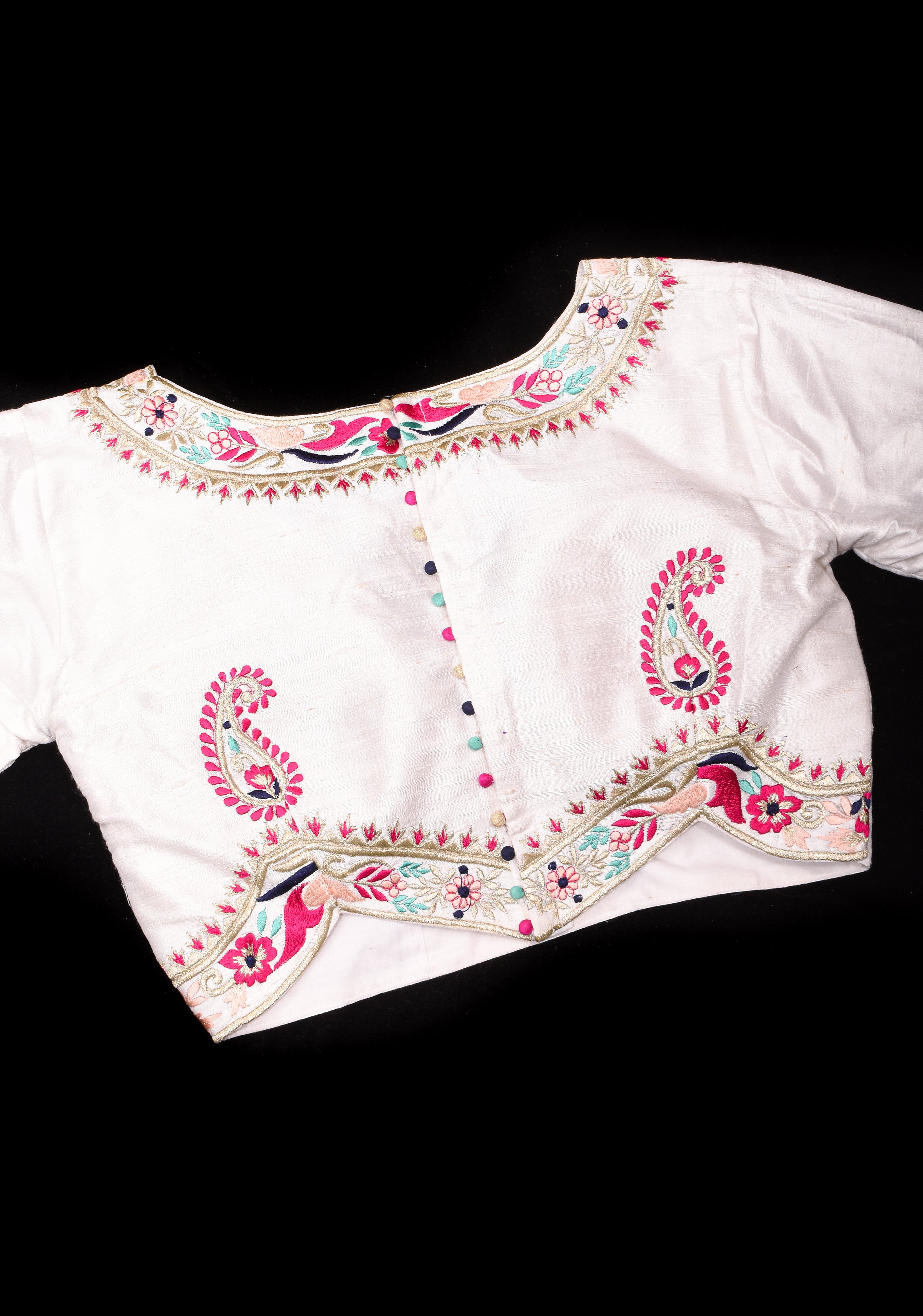 BLOUSE : White Pure Raw Silk Blouse With Multicolor embroidery