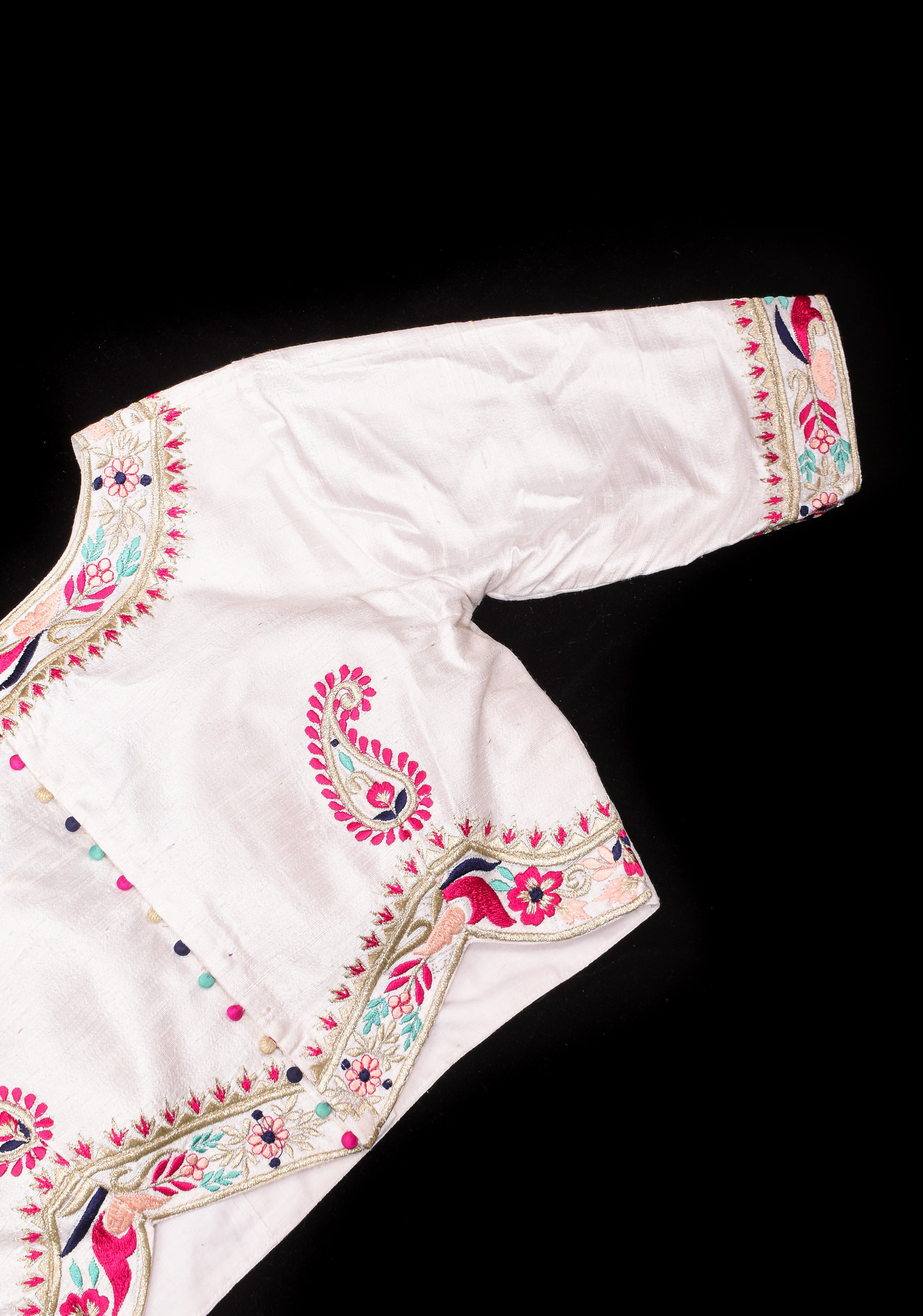 BLOUSE : White Pure Raw Silk Blouse With Multicolor embroidery