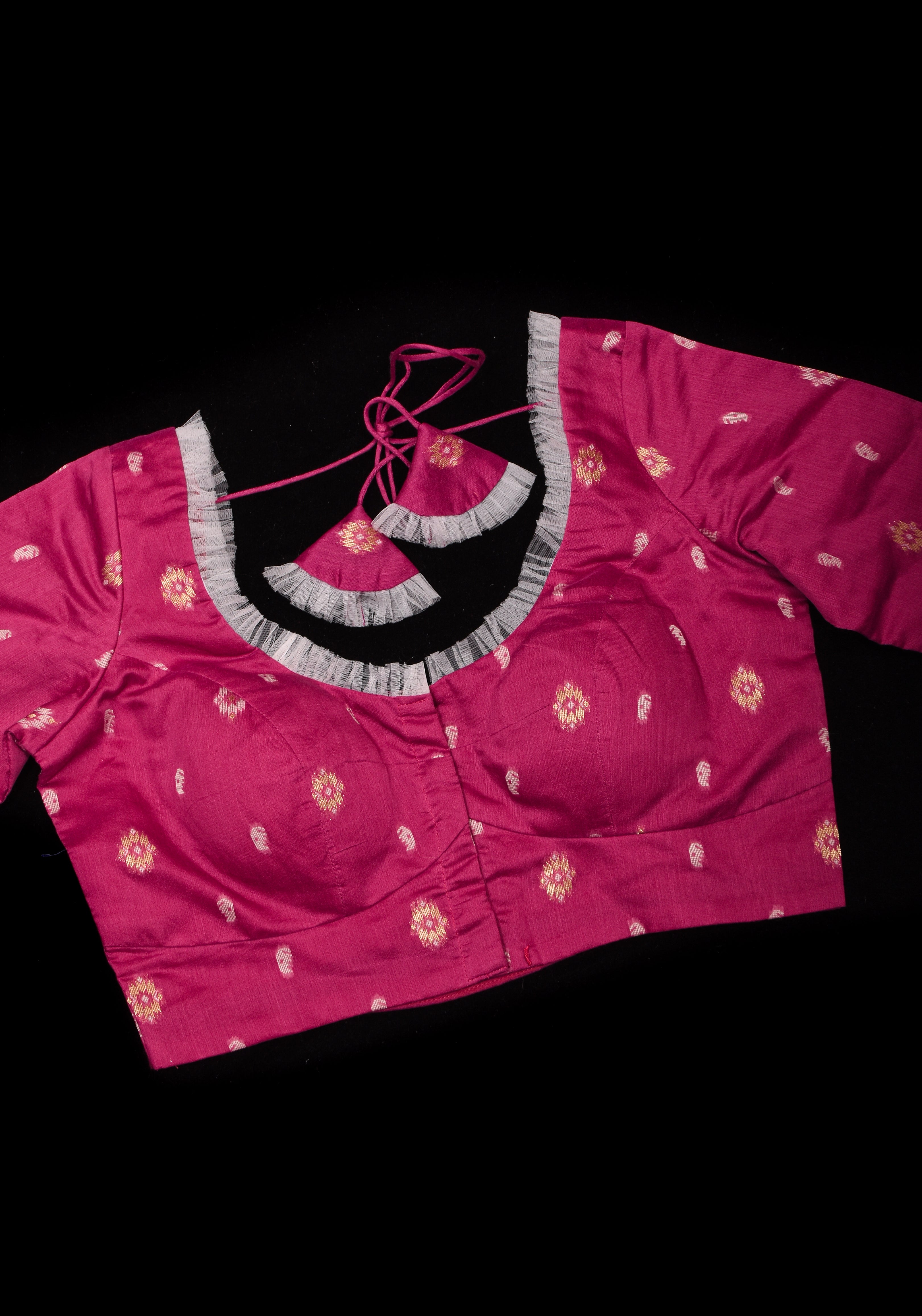 Strawberry Pink Jamdani style cotton blouse with frill detailing