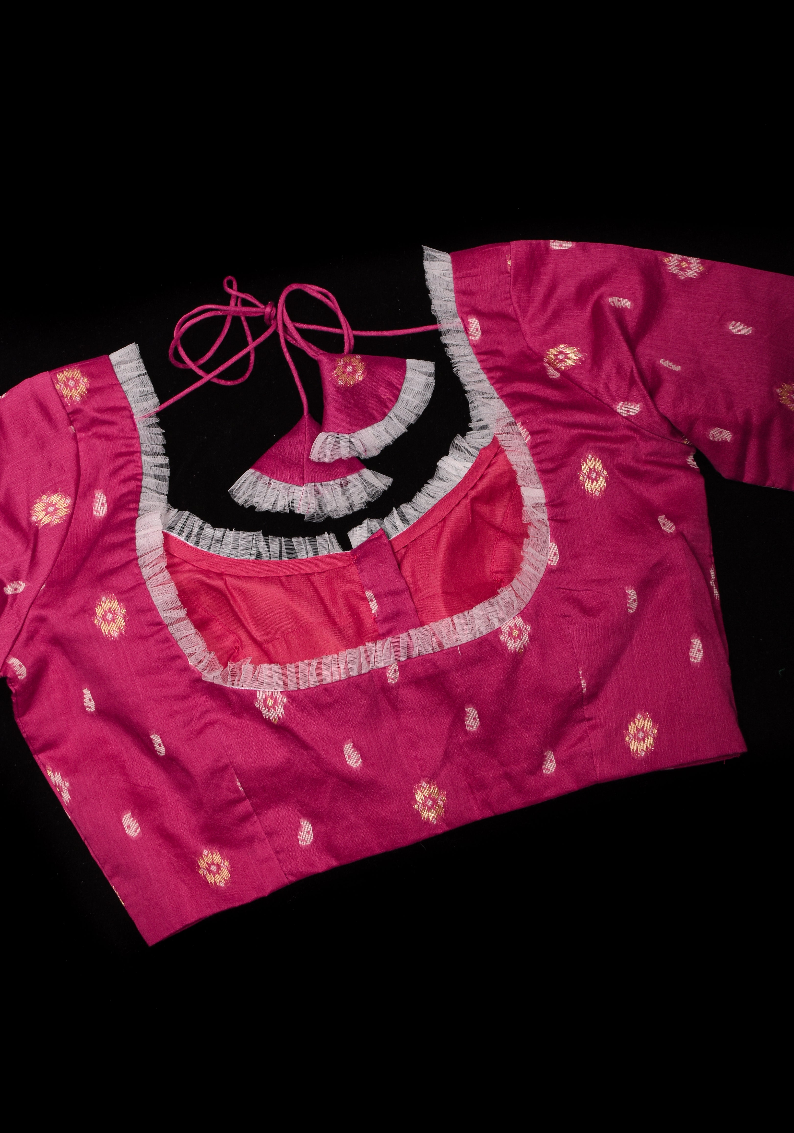 Strawberry Pink Jamdani style cotton blouse with frill detailing