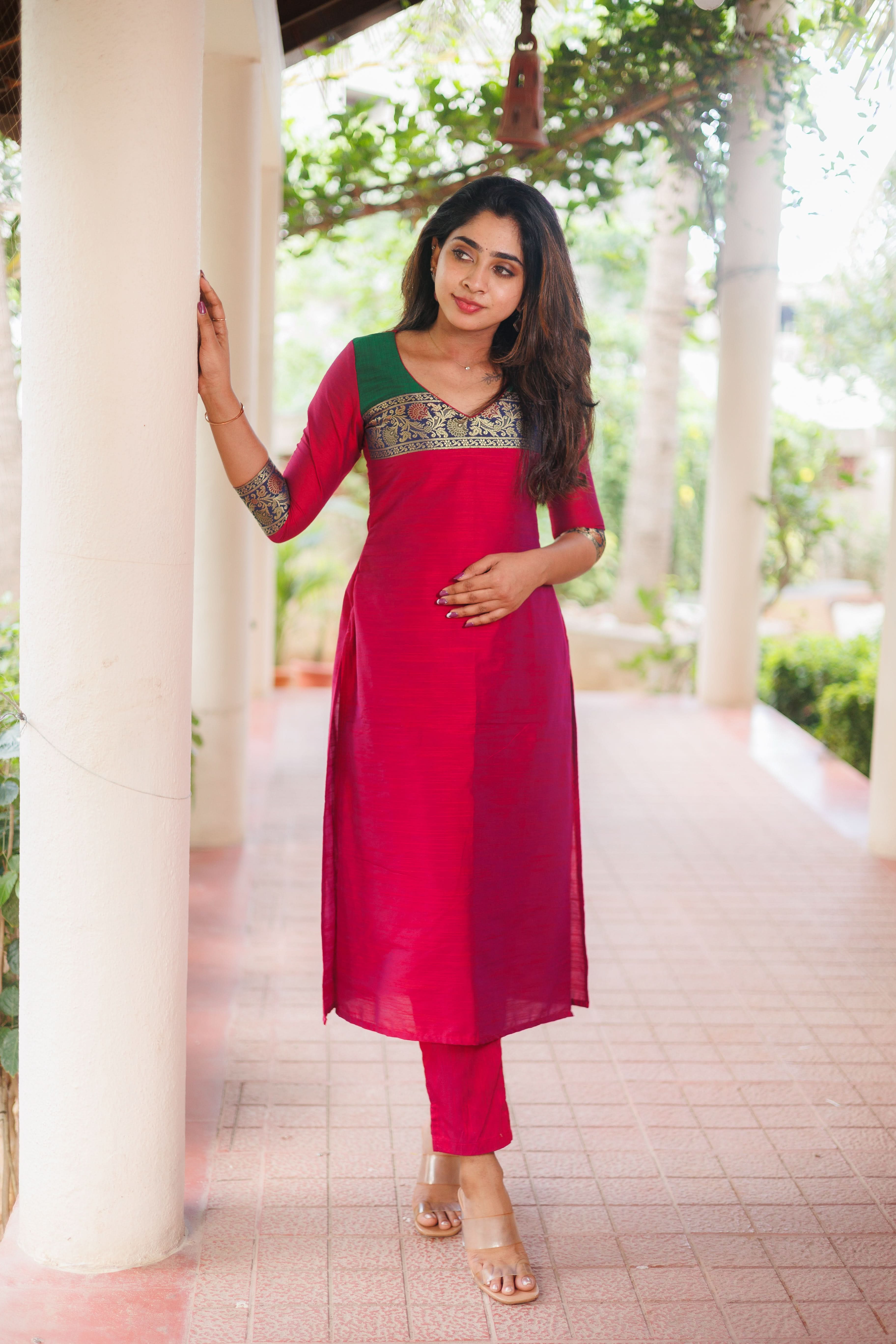 Reddish Pink Kurti and Pant Set with Yoke detailing | Shobitam Custom Gowns | Made To Order