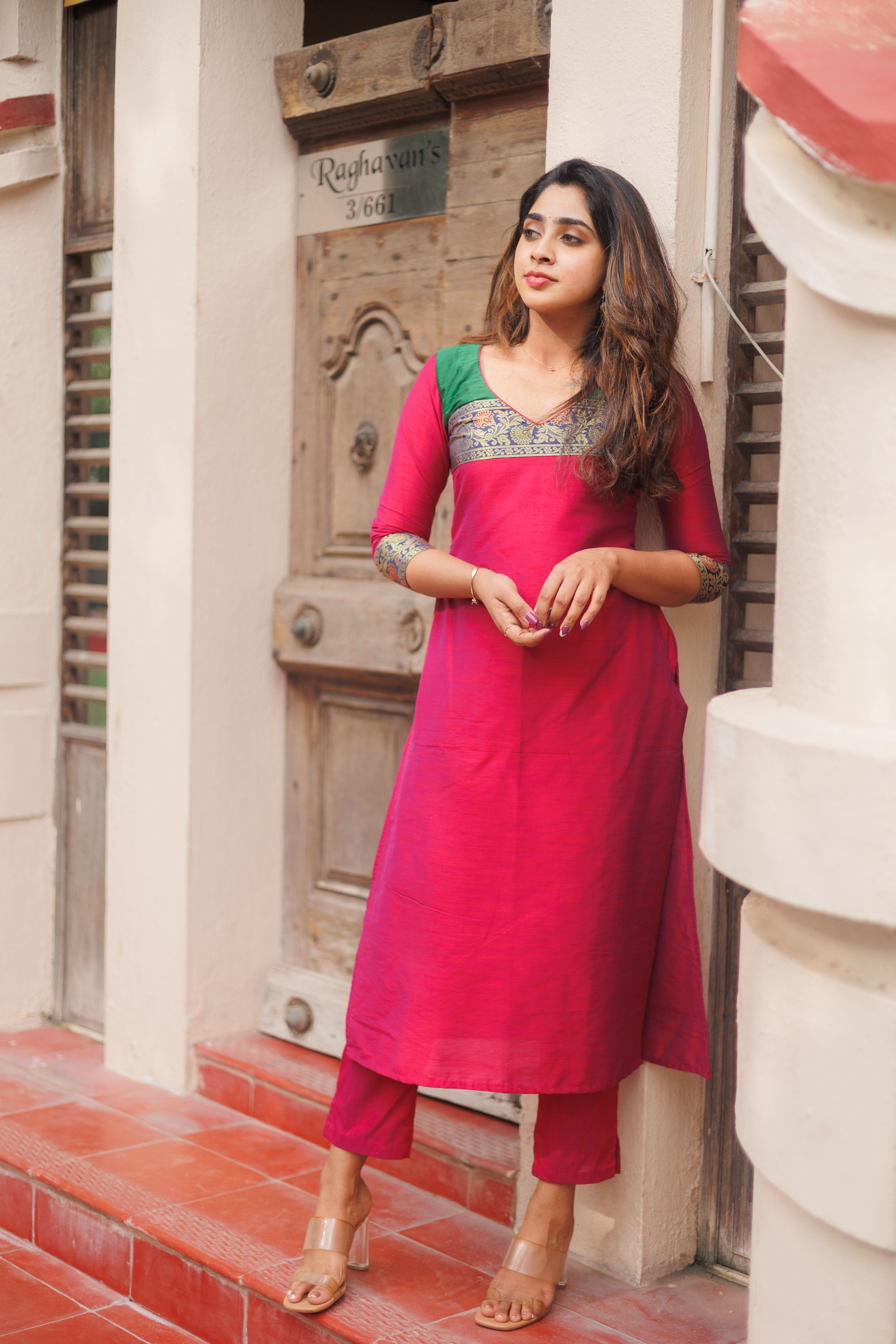 Reddish Pink Kurti and Pant Set with Yoke detailing | Shobitam Custom Gowns | Made To Order