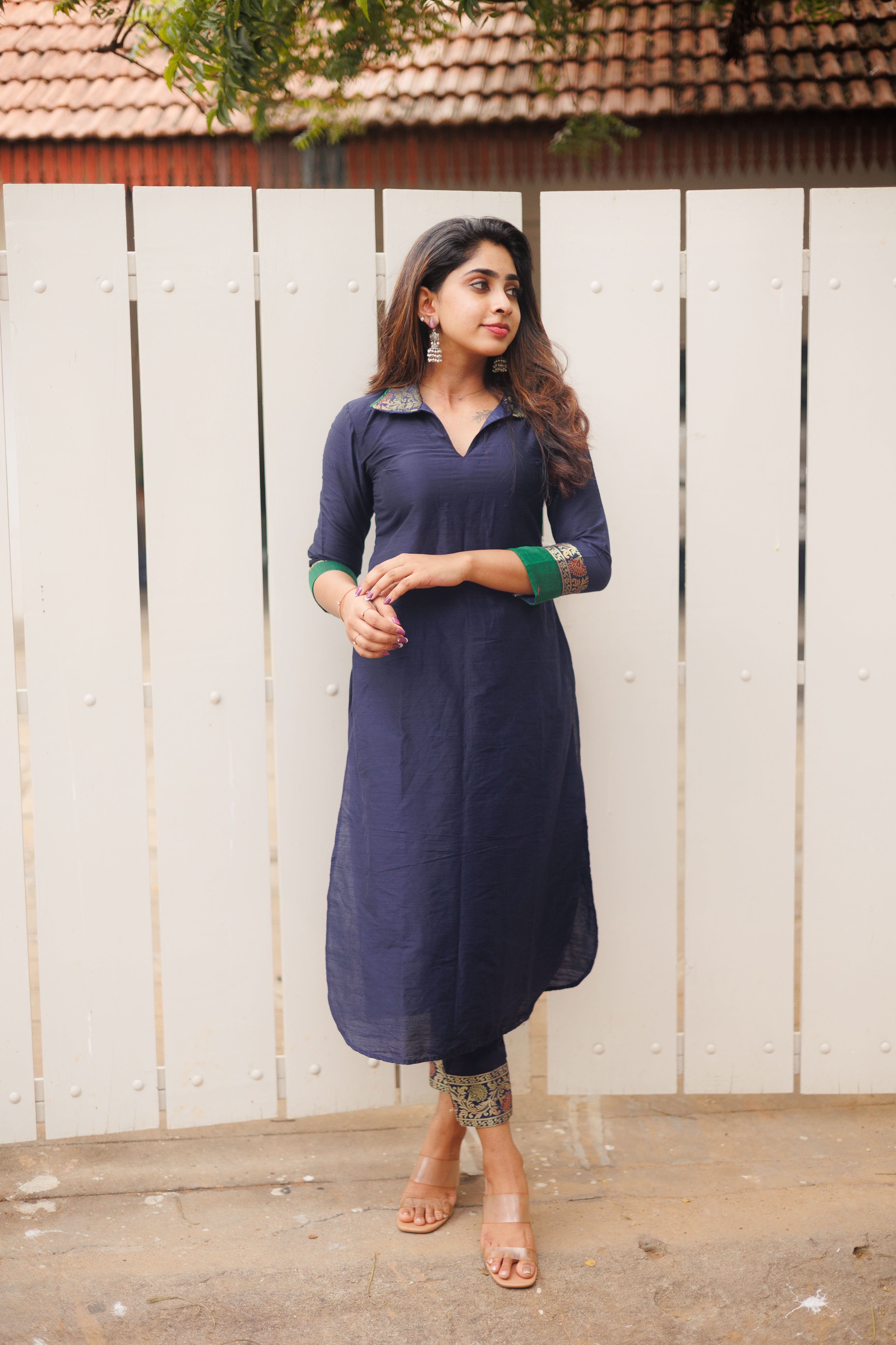 Navy Collared Kurti with Ankle Length Pants | Shobitam Custom Gowns | Made To Order