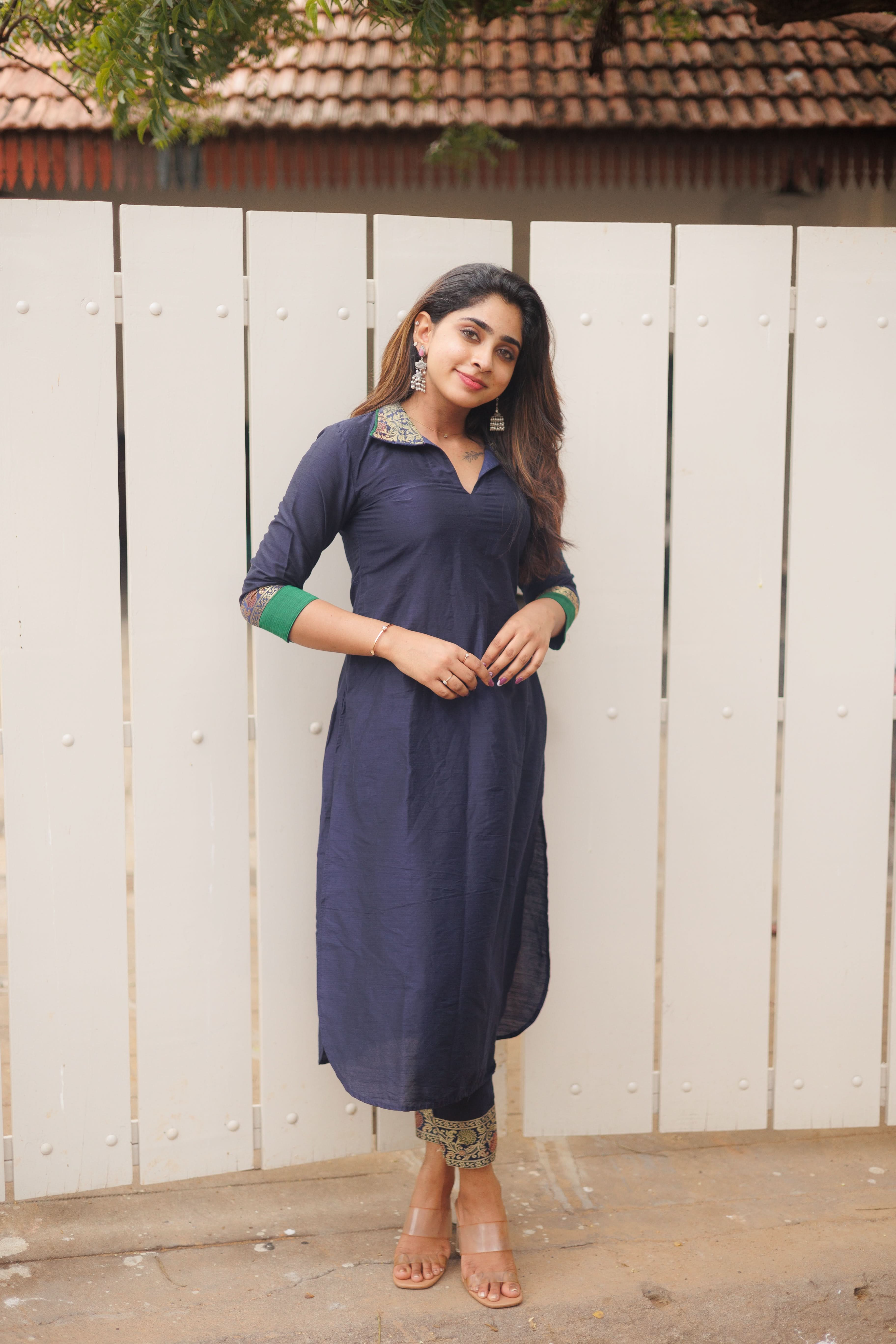 Navy Collared Kurti with Ankle Length Pants | Shobitam Custom Gowns | Made To Order