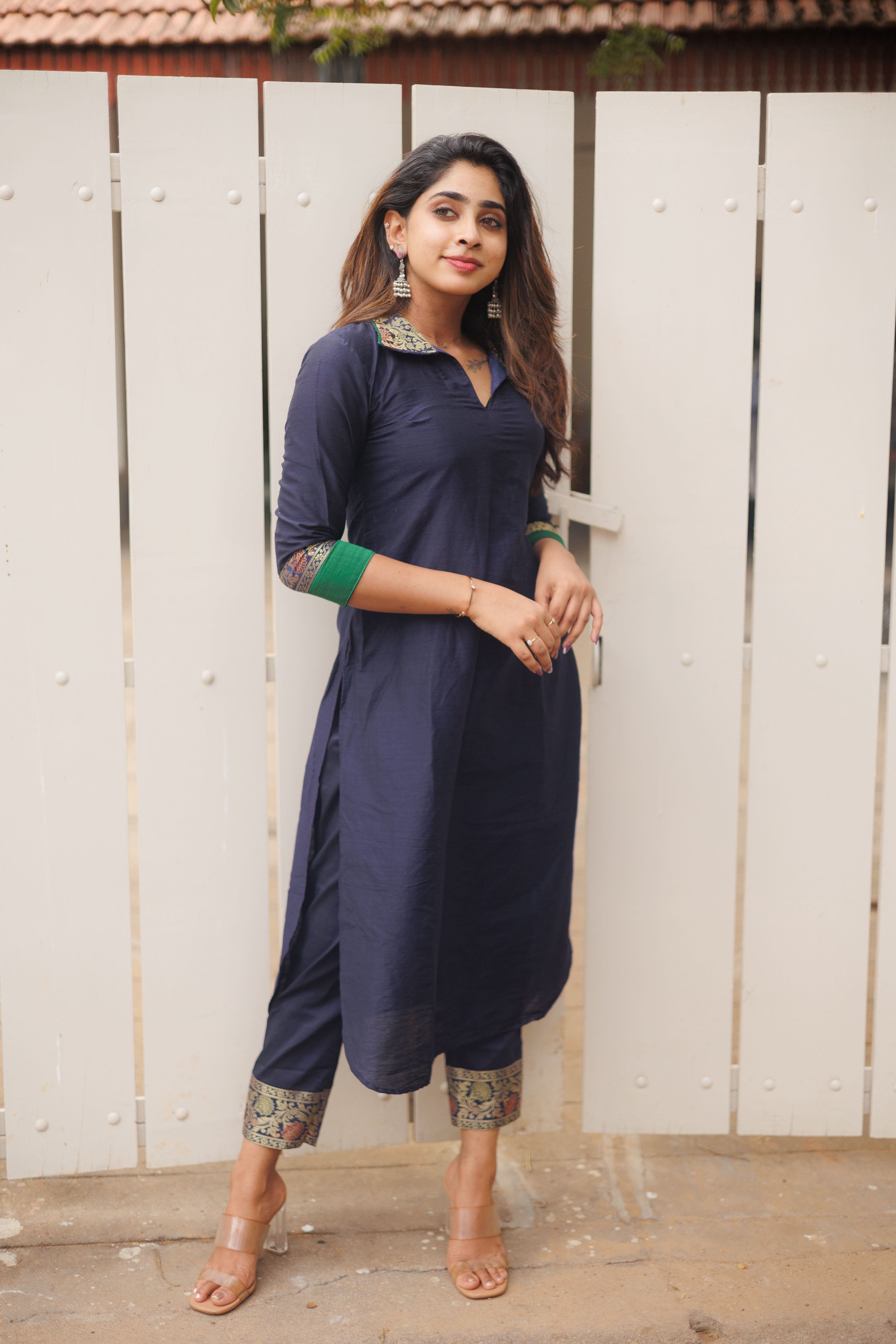 Navy Collared Kurti with Ankle Length Pants | Shobitam Custom Gowns | Made To Order