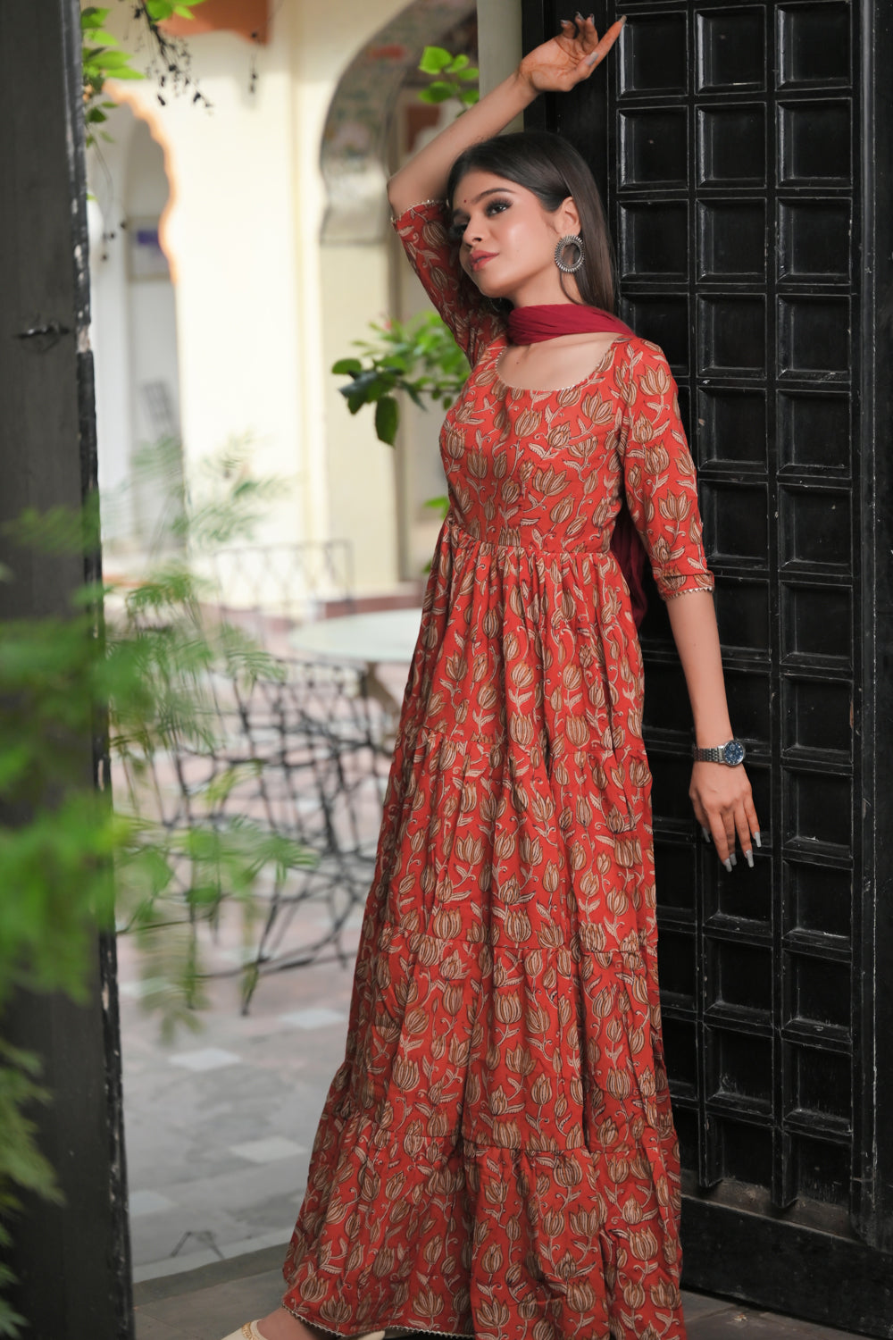 Radhika - 3 Piece Tiered Anarkali In Terracotta Red Hand Block Print M 