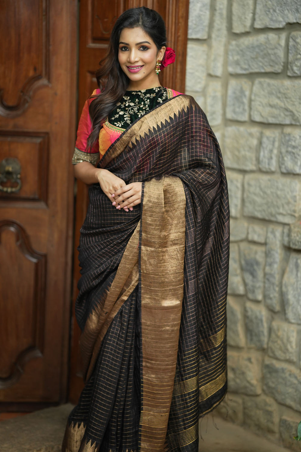 Cream and Black Checks Pure Kanjivaram Silk Saree– Clio Silks