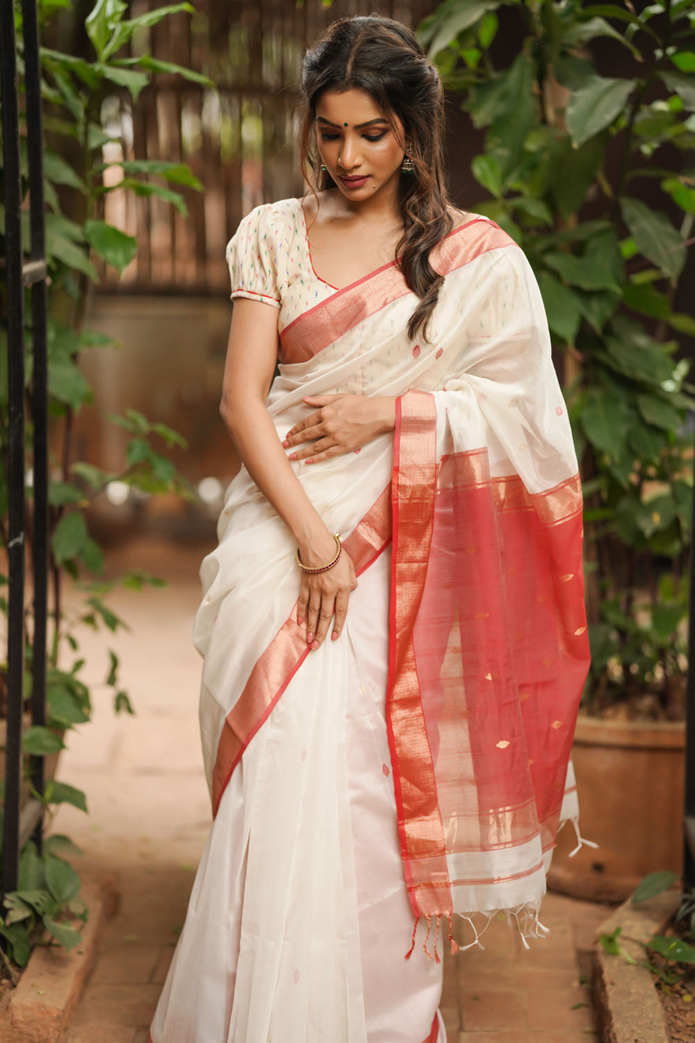 Buy Forest Green Handloom Pure Cotton Saree Multicolor Pyramid Motifs With  Running Blouse Piece