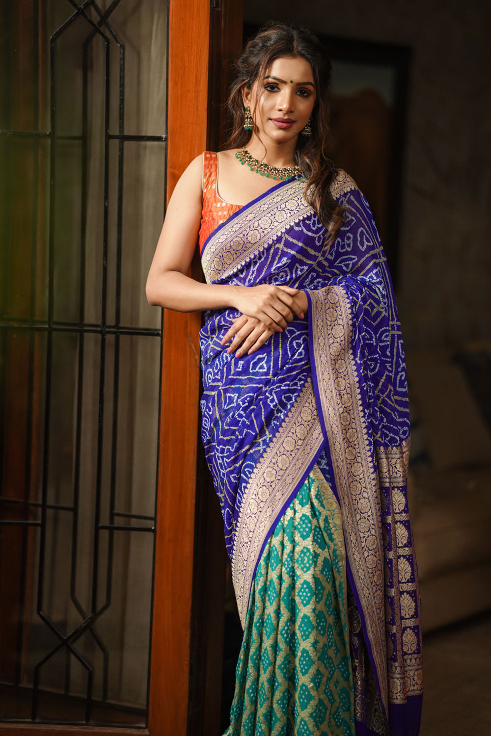 Red banaras half-saree with zari buttas, contrast zari buttas blouse, big  traditional zari border & intricate dhavani