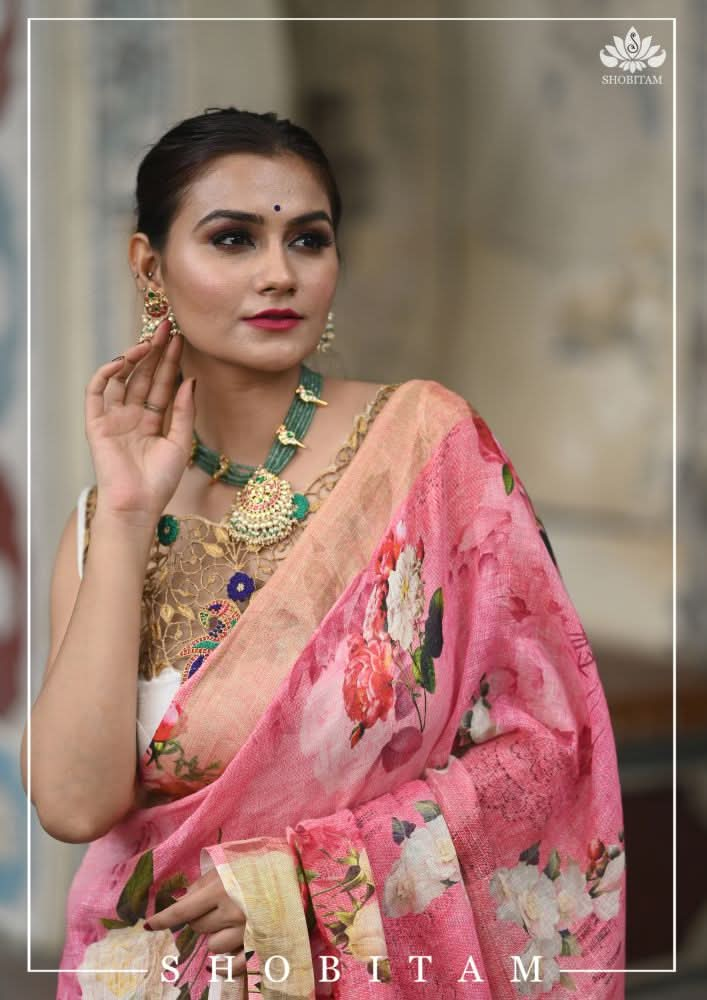 Pink Pure Linen Saree with Floral Digital Print