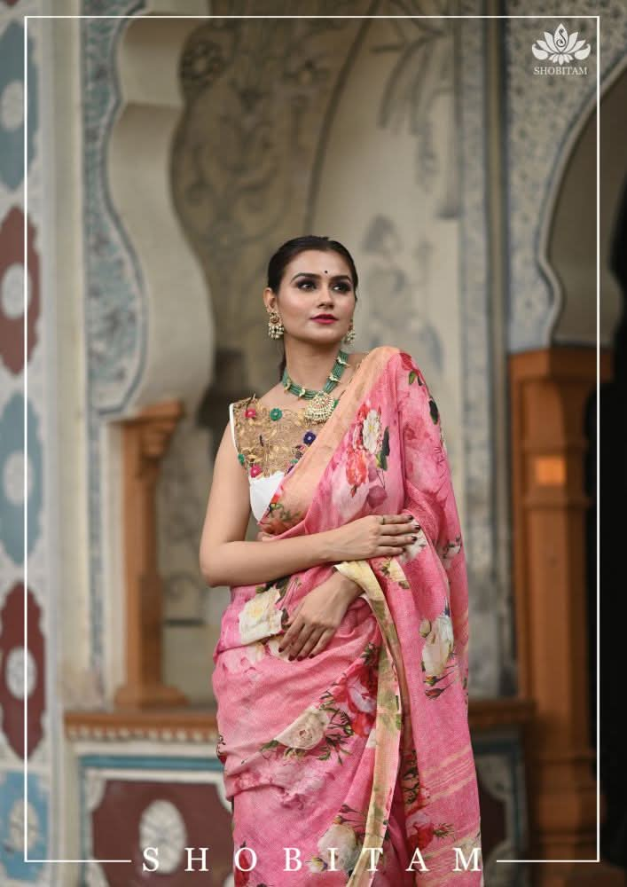 Pink Pure Linen Saree with Floral Digital Print