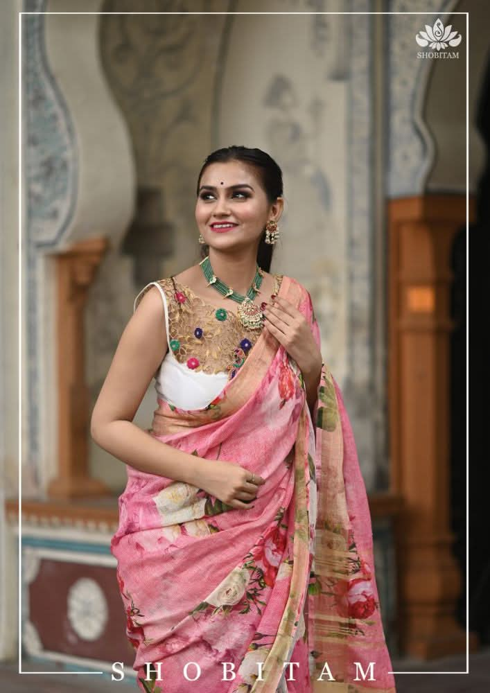 Pink Pure Linen Saree with Floral Digital Print