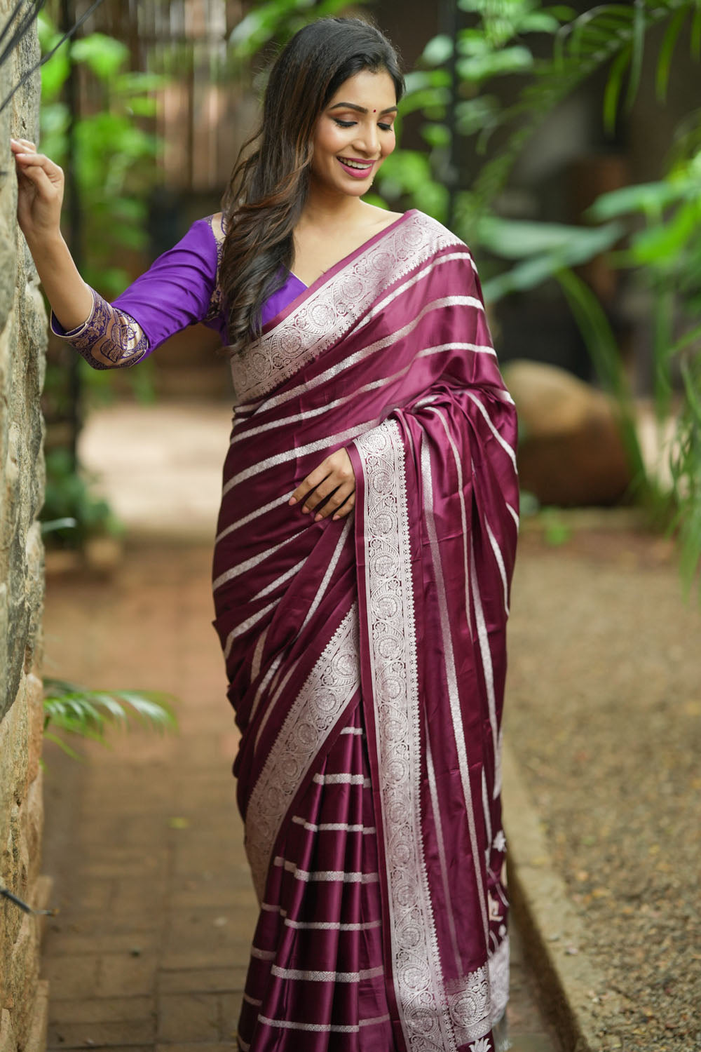 Buy Wine Sequins Work Soft Satin Saree Online