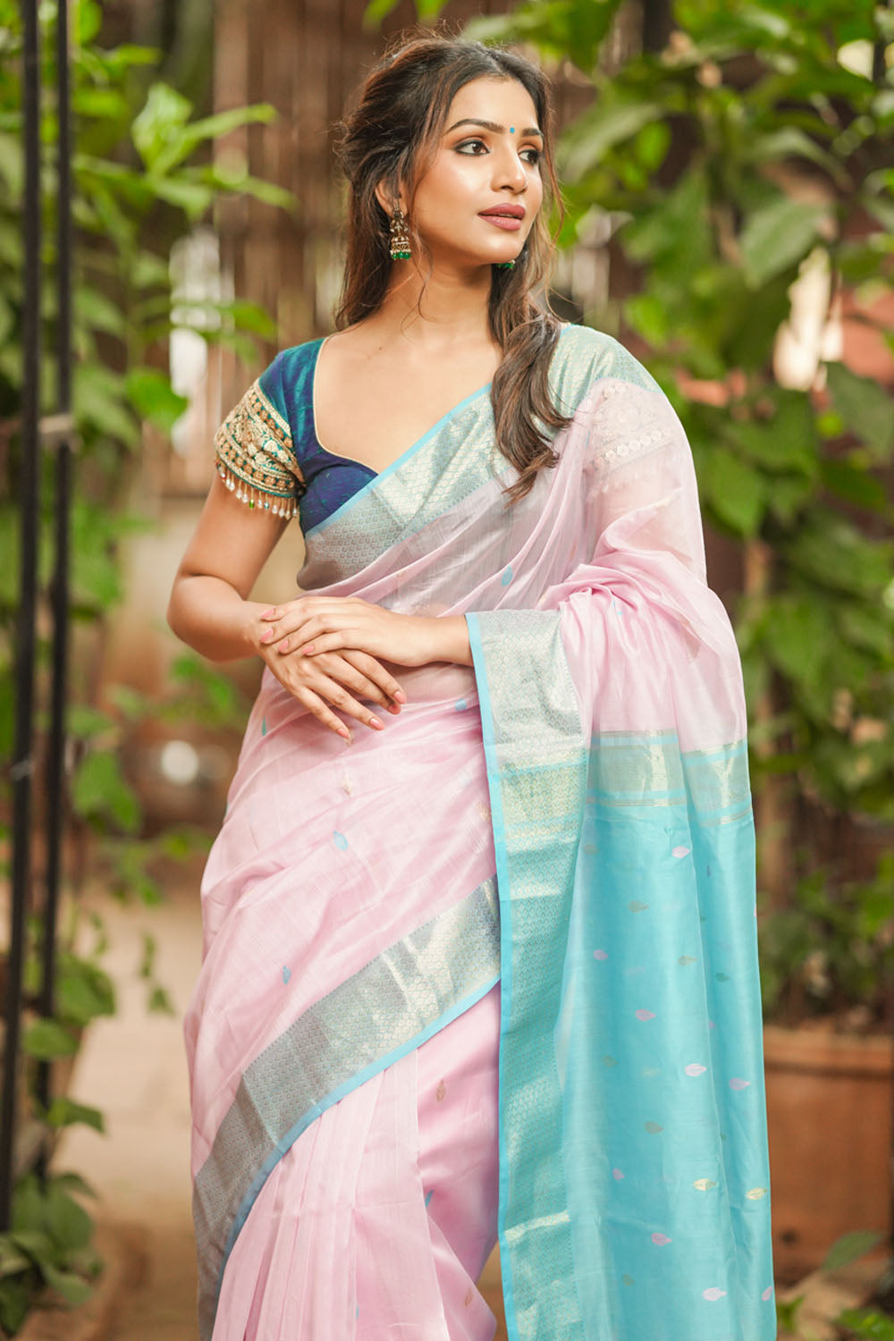 Vishal Prints Hot Pink And Turquoise Silk Weaving Saree With Zari Bord