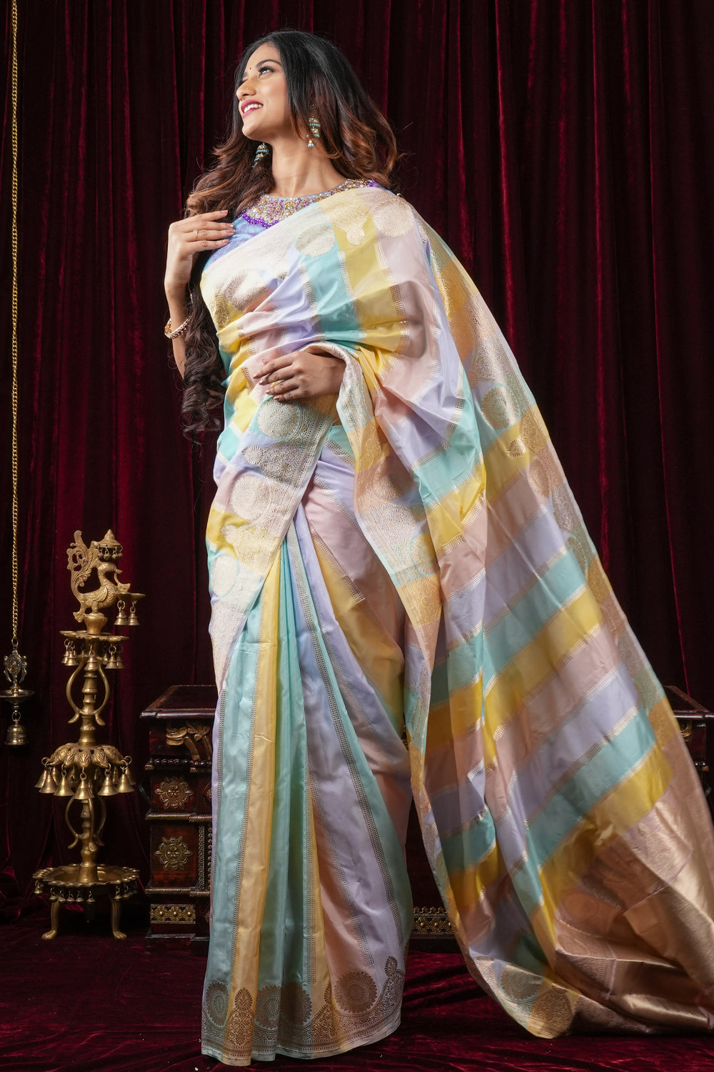 Pastel Hued Jharoka Pattren Pure Katan Silk saree with Ornate arched Zari 2 side borders | SILK MARK CERTIFIED