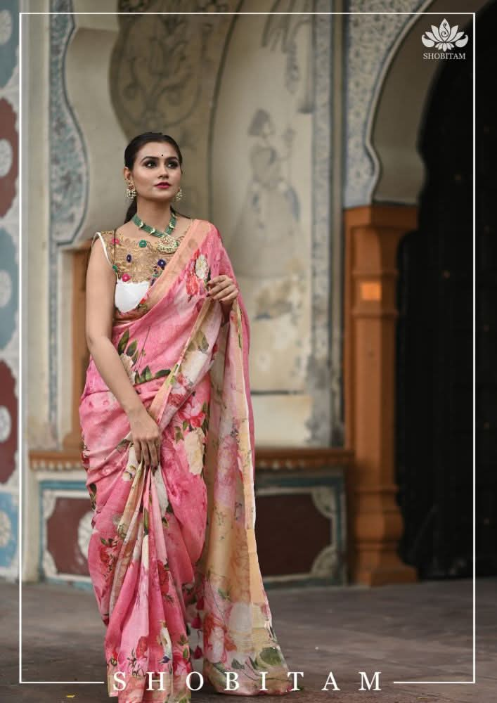 Pink Pure Linen Saree with Floral Digital Print