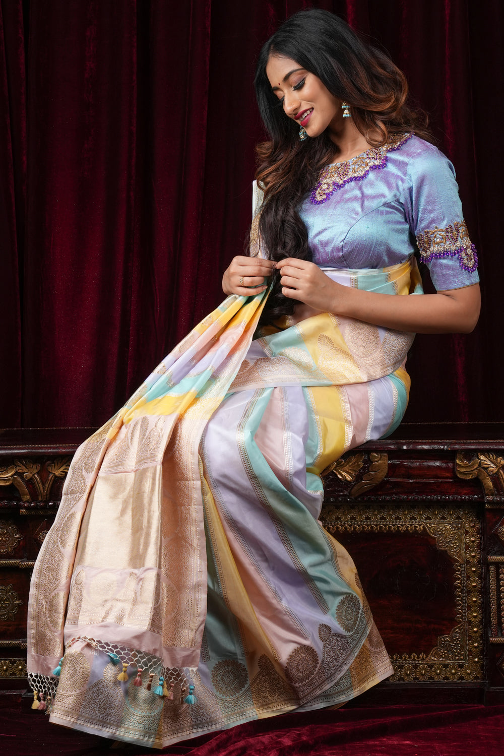 Pastel Hued Jharoka Pattren Pure Katan Silk saree with Ornate arched Zari 2 side borders | SILK MARK CERTIFIED