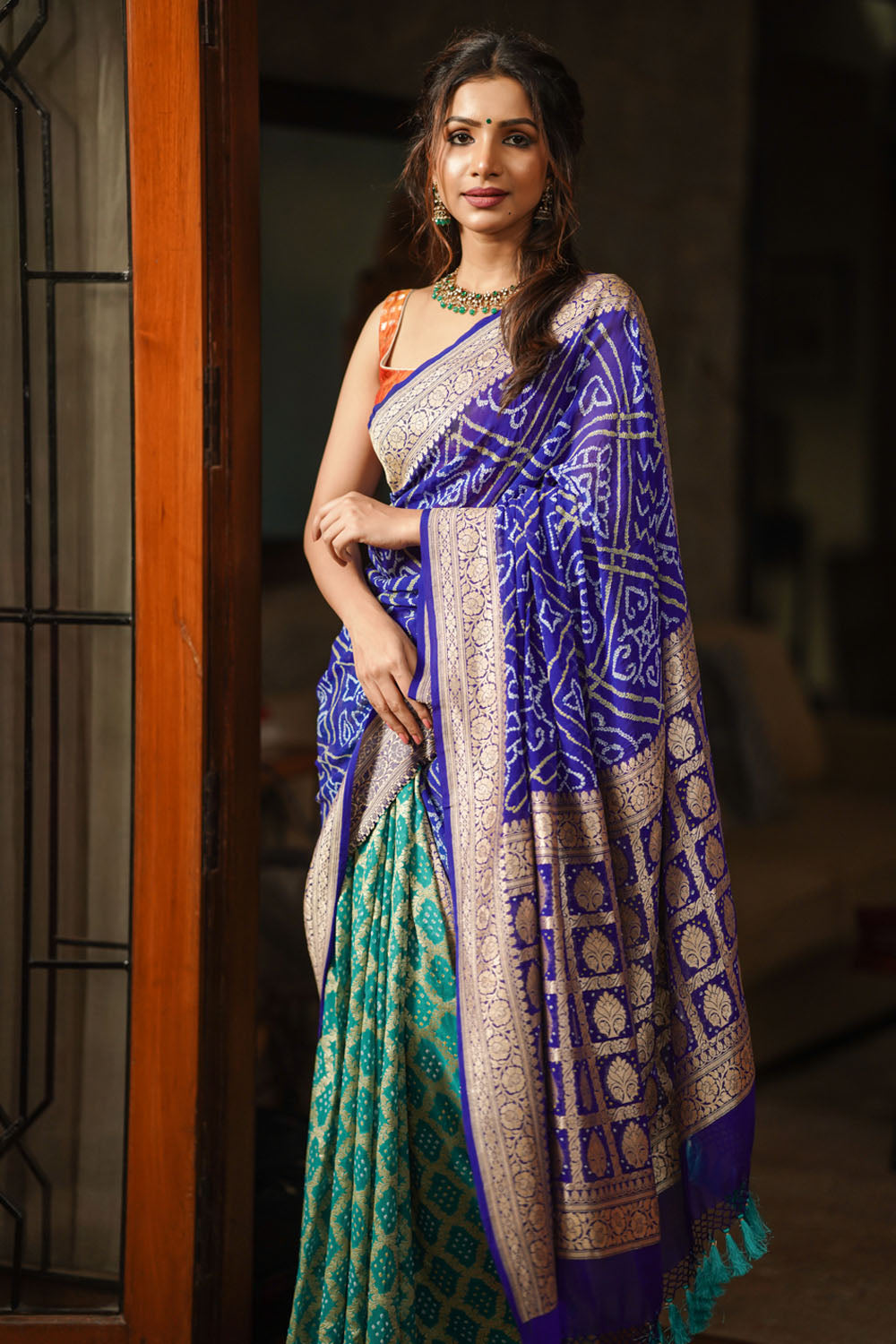 navy-blue-and-pink-designer-half-and-half-saree - FashionBuzzer.com