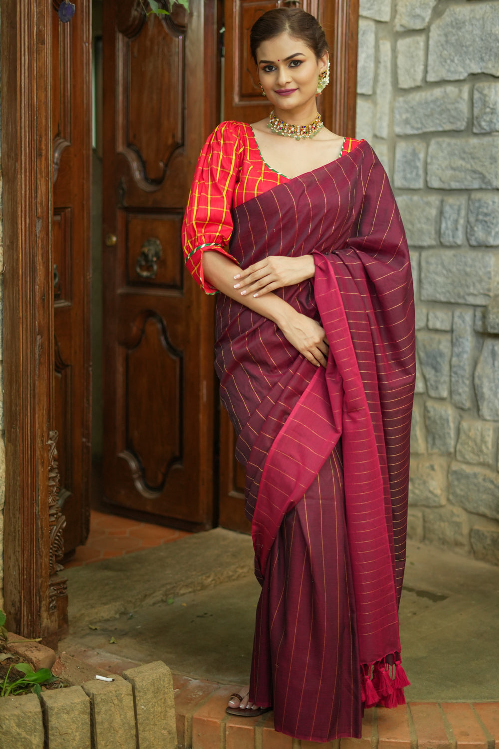 Summer Linen Brick Red Handloom Saree Collection