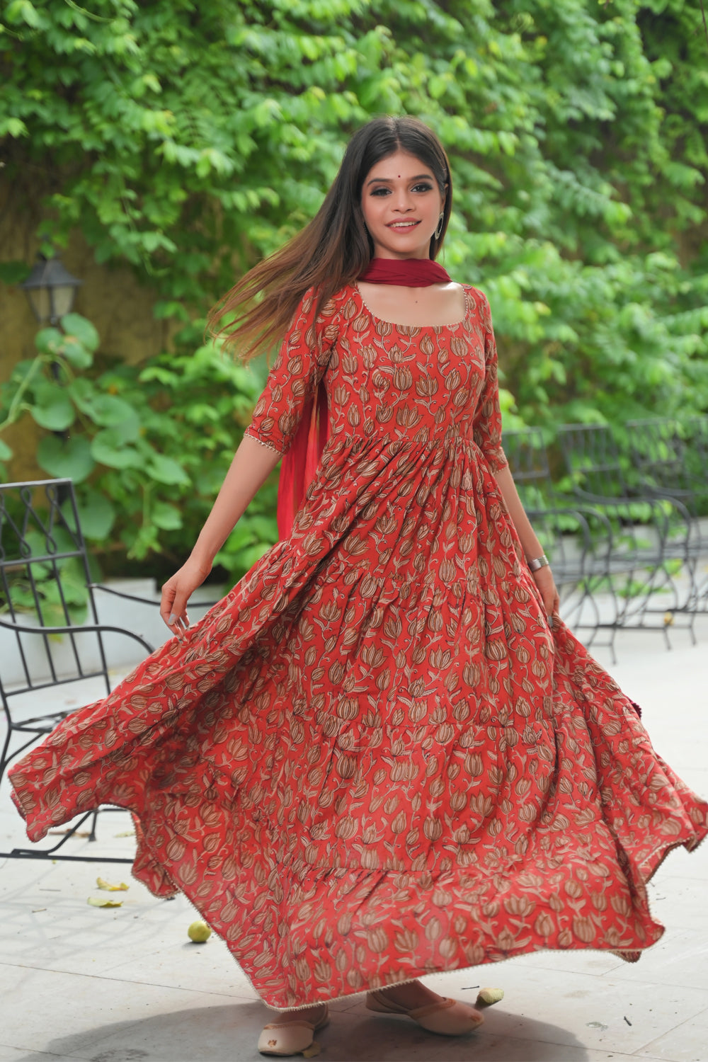 Radhika 3 piece Tiered Anarkali in Terracotta Red Hand Block Print M