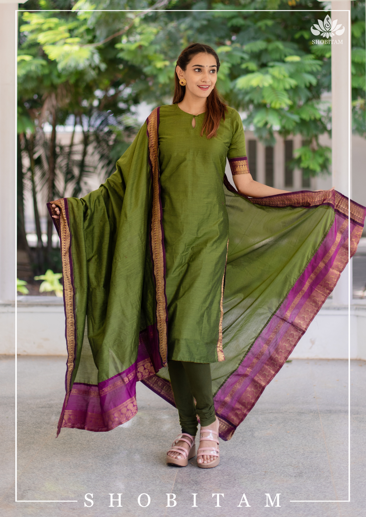 Meenakshi â€“ Green Kalyani cotton top and duppatta  | Shobitam Custom Gowns | Made To Order