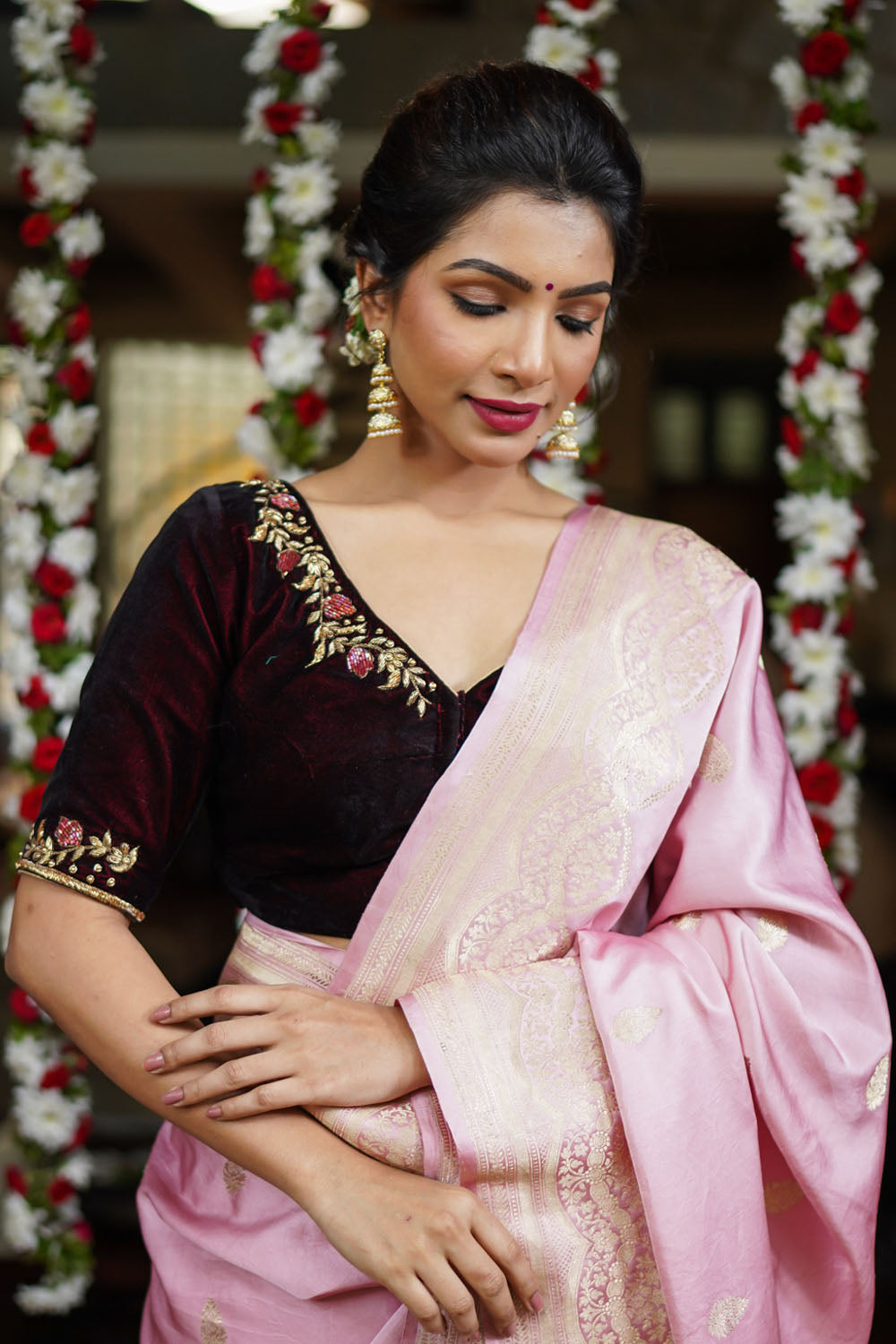 Buy Maroon Saree Lydia Pre-draped Lehenga With Embellished Blouse For Women  by Charu and Vasundhara Online at Aza Fashions.