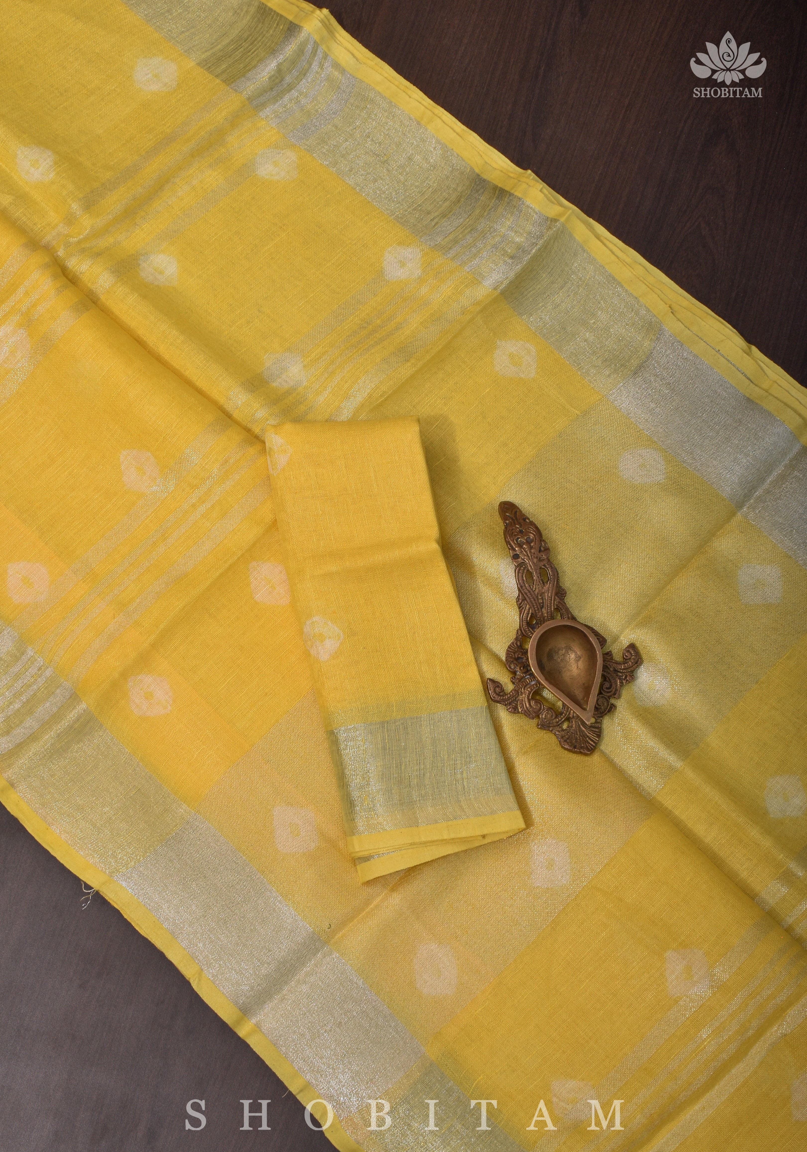 Authentic Bandini - Shibori on Pure Linen by Linen Saree with Zari Border in Sunflower Yellow