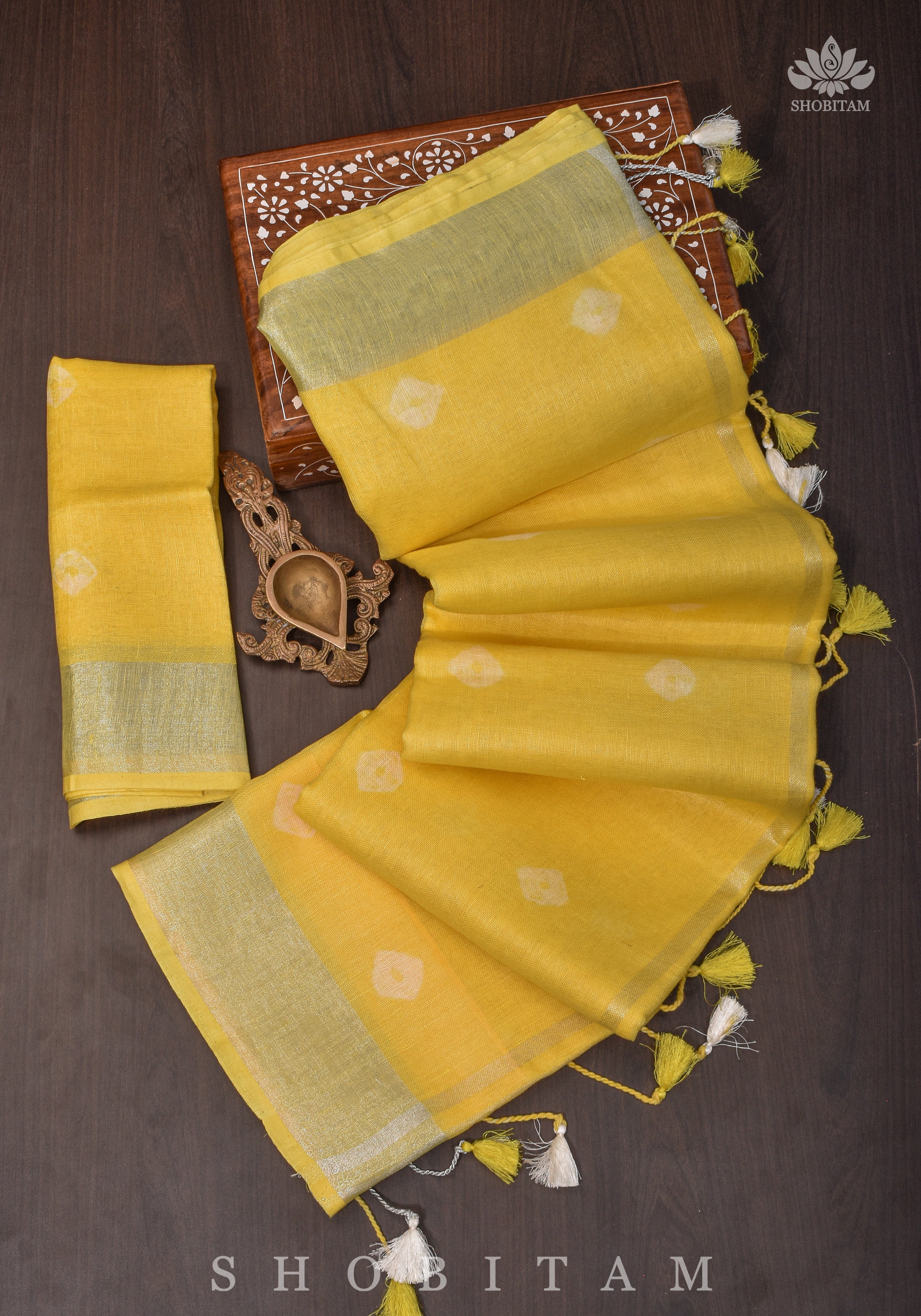 Authentic Bandini - Shibori on Pure Linen by Linen Saree with Zari Border in Sunflower Yellow