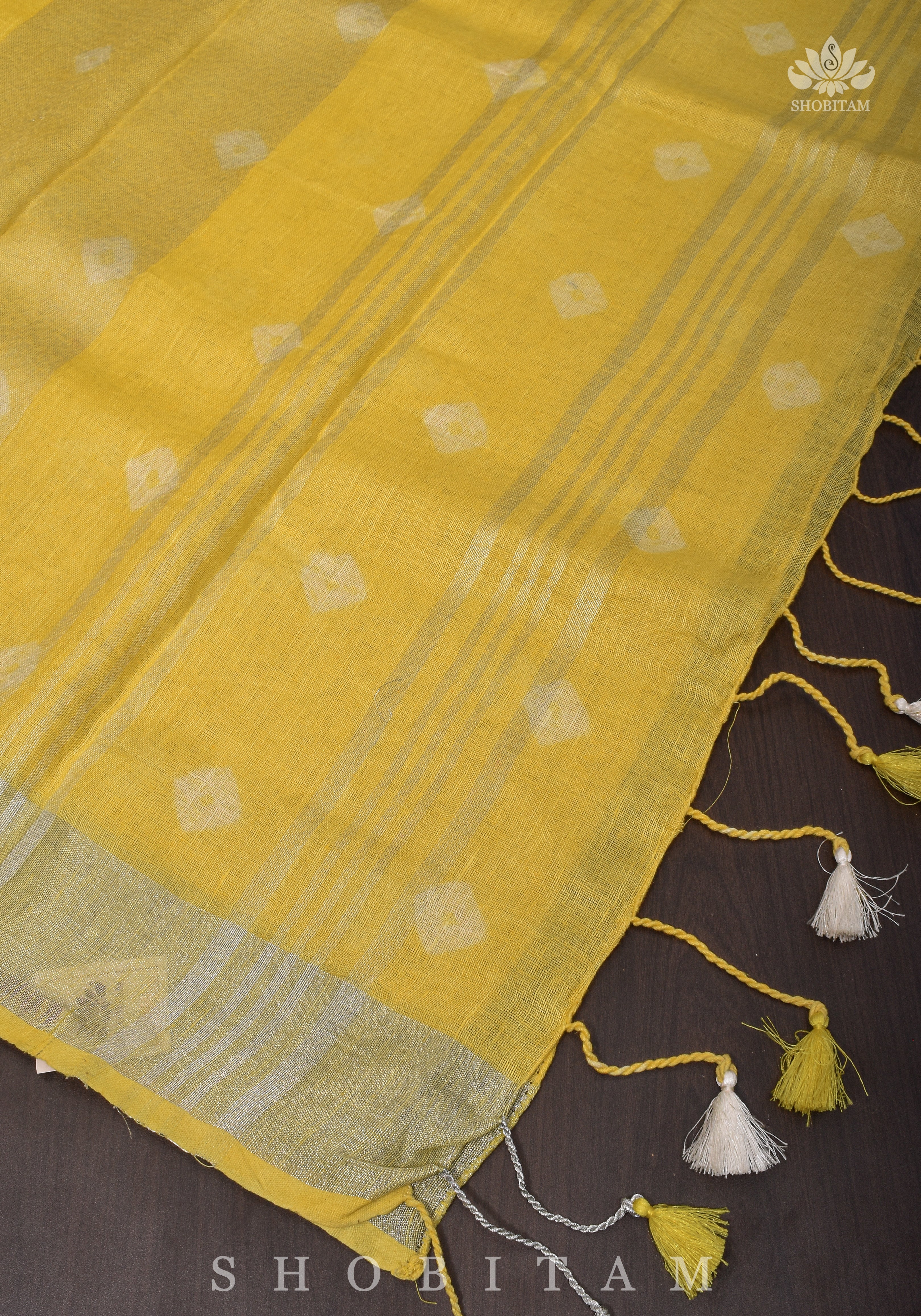 Authentic Bandini - Shibori on Pure Linen by Linen Saree with Zari Border in Sunflower Yellow