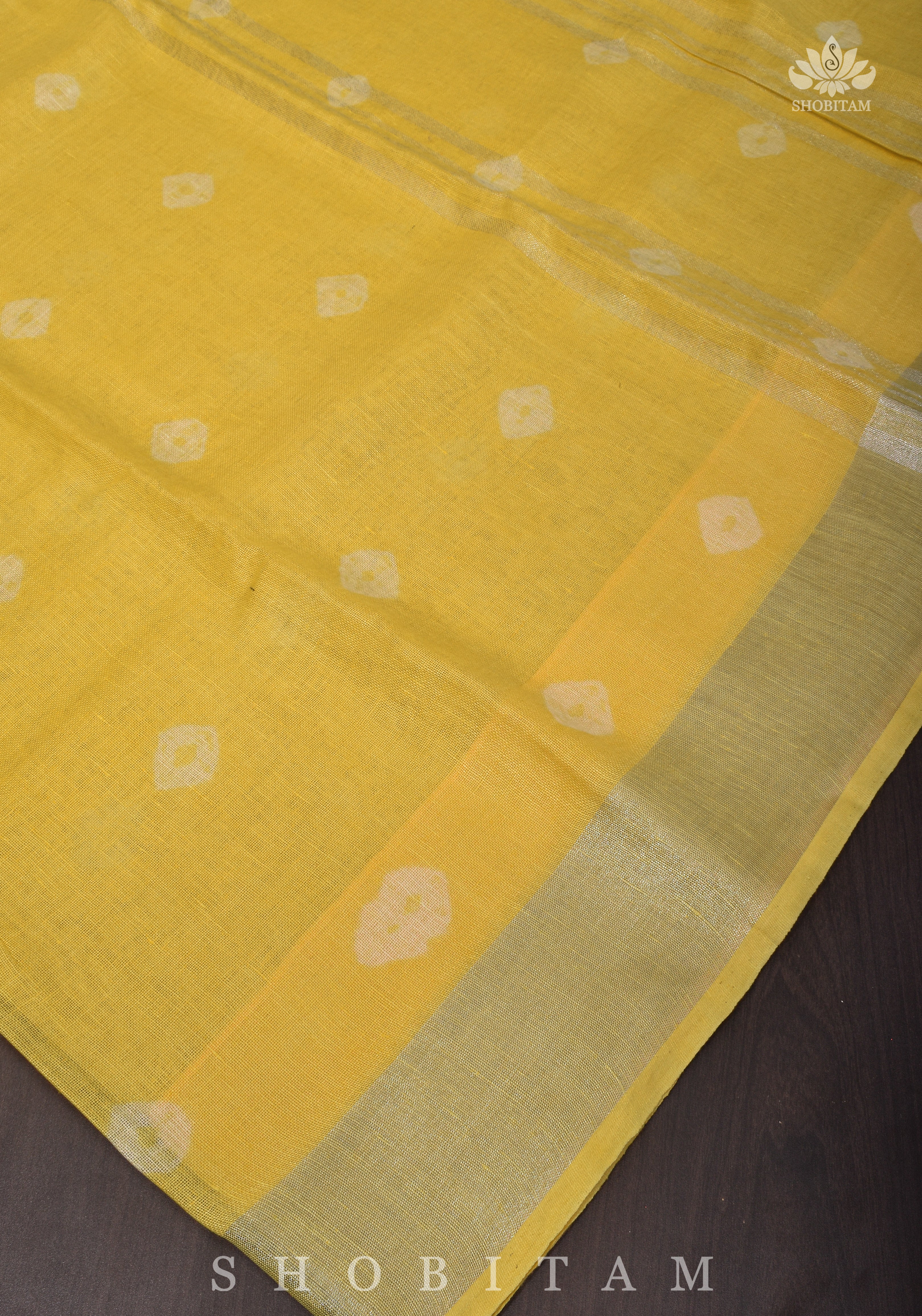 Authentic Bandini - Shibori on Pure Linen by Linen Saree with Zari Border in Sunflower Yellow