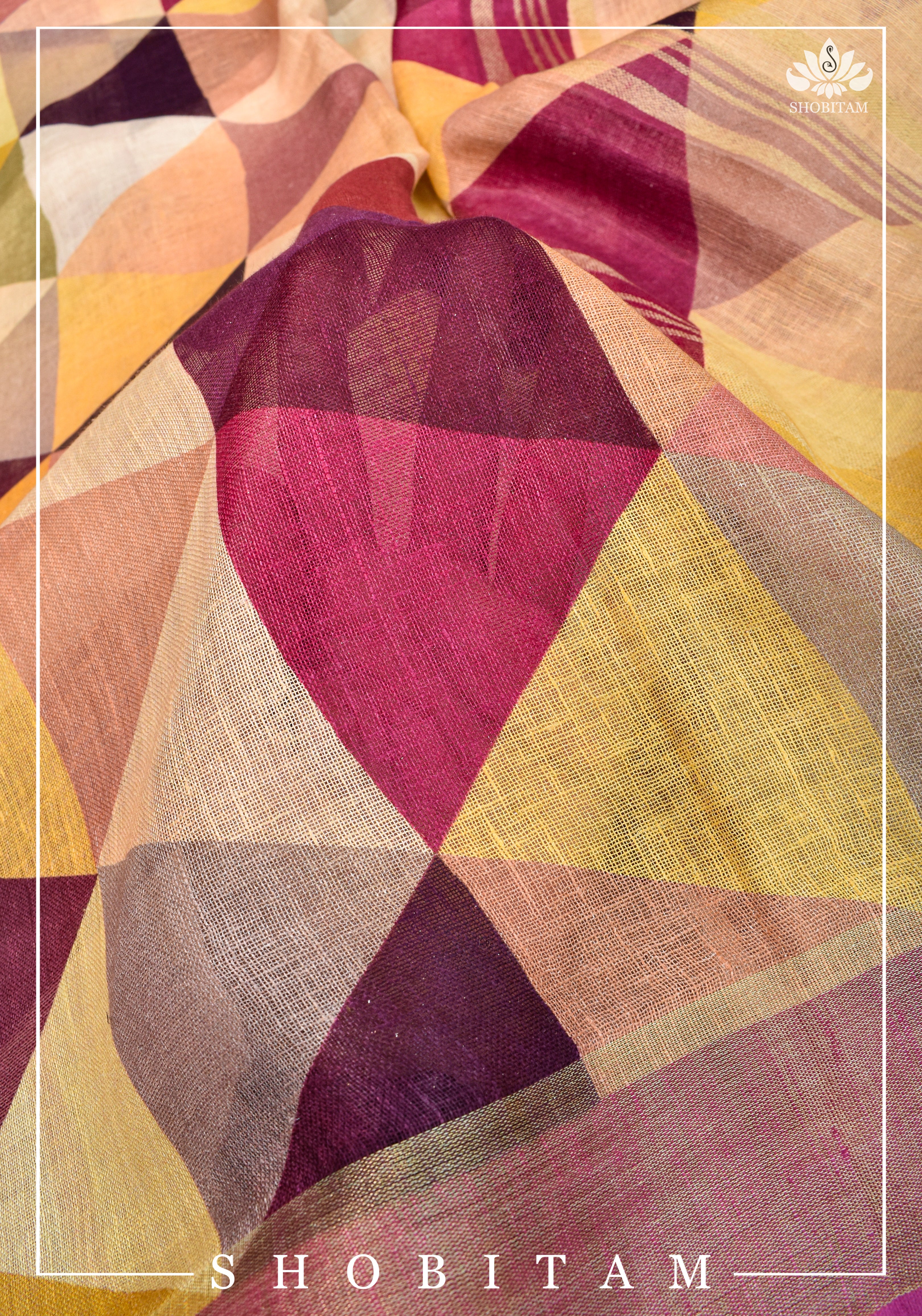 Pretty Shobitam Designer Multicolor Geometric Print Linen Saree with Zari Border