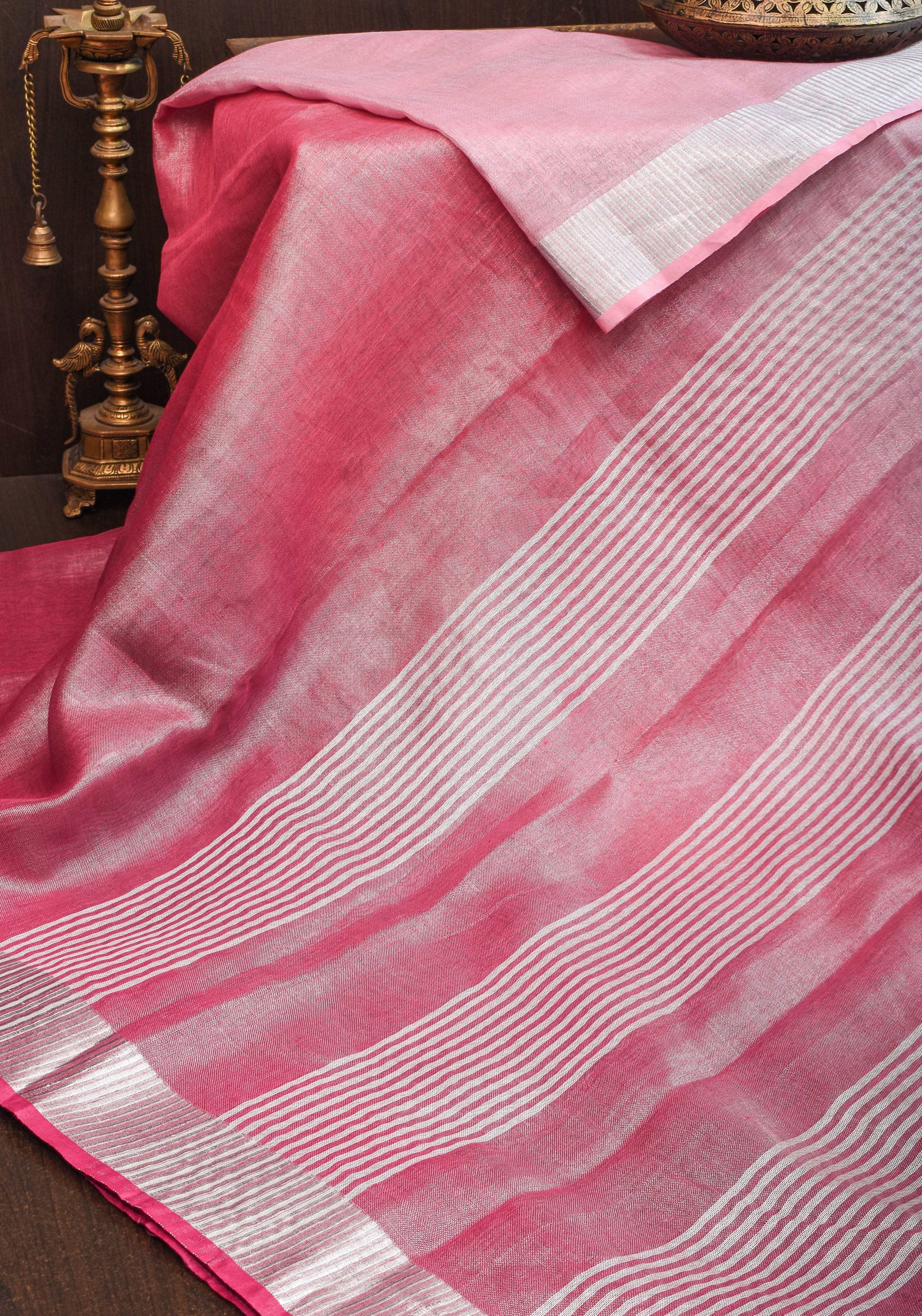 Pink and Baby pink Ombre Silver Tissue Linen Saree with Silver Ribbed Borders