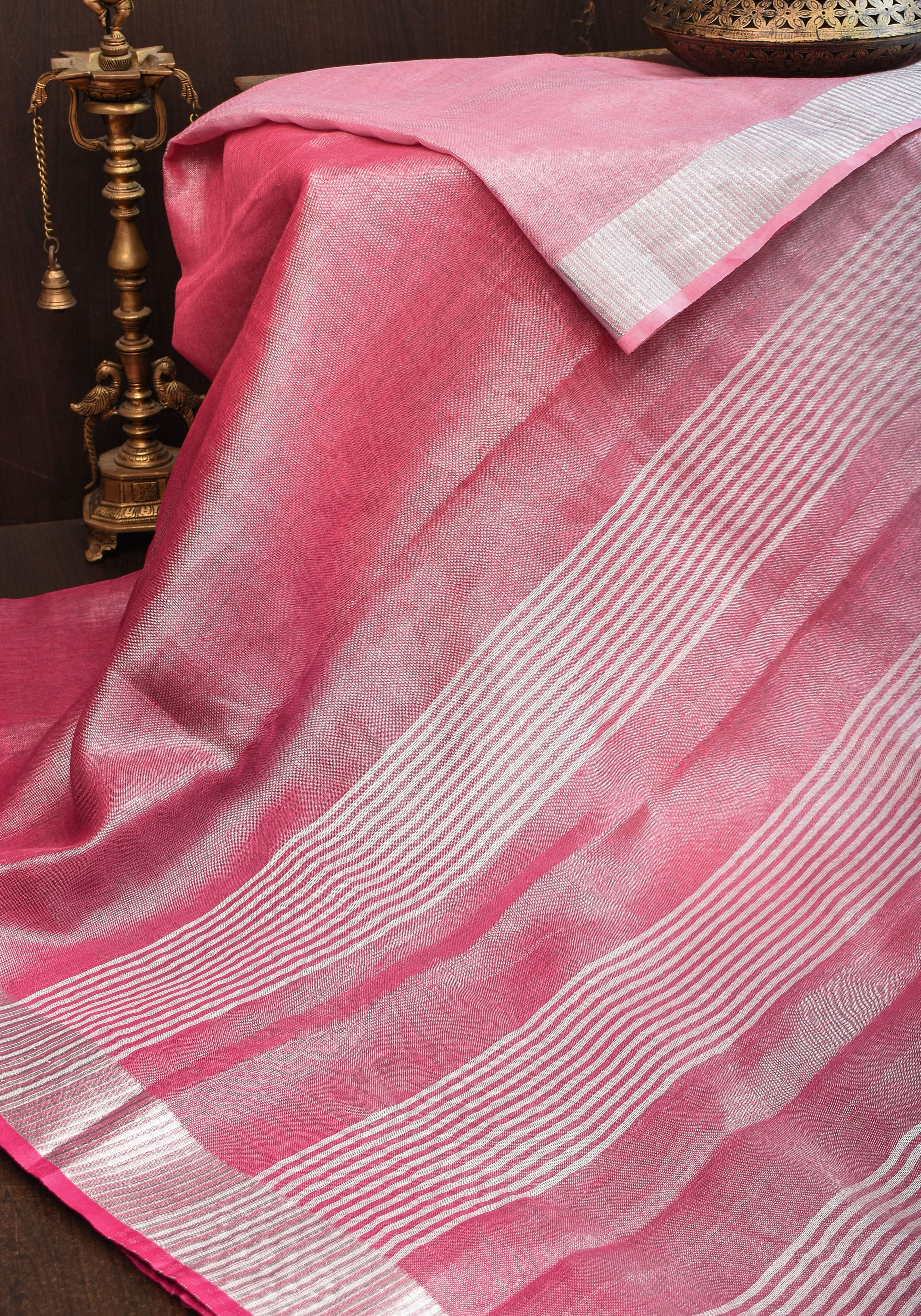 Pink and Baby pink Ombre Silver Tissue Linen Saree with Silver Ribbed Borders