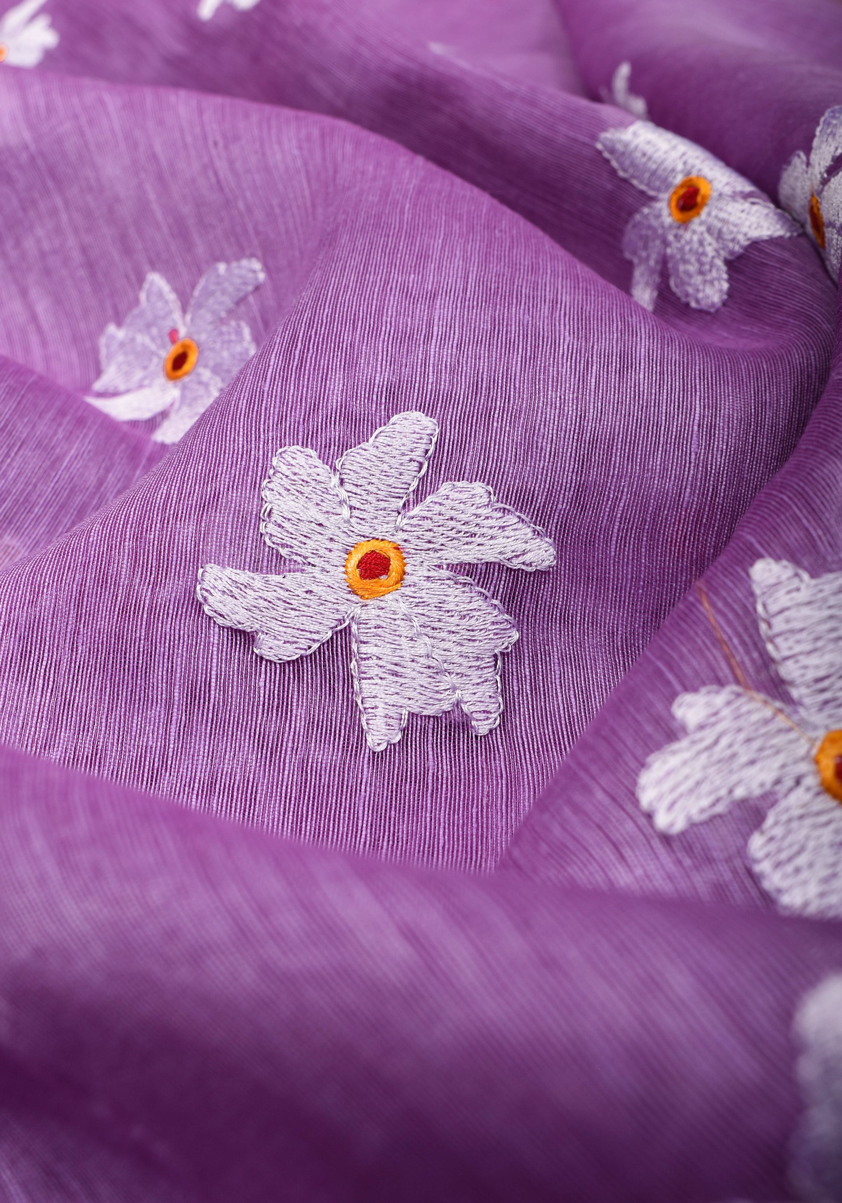 Lavender Tone silk linen saree with white Parijaat Floral embroidery and Zari Border