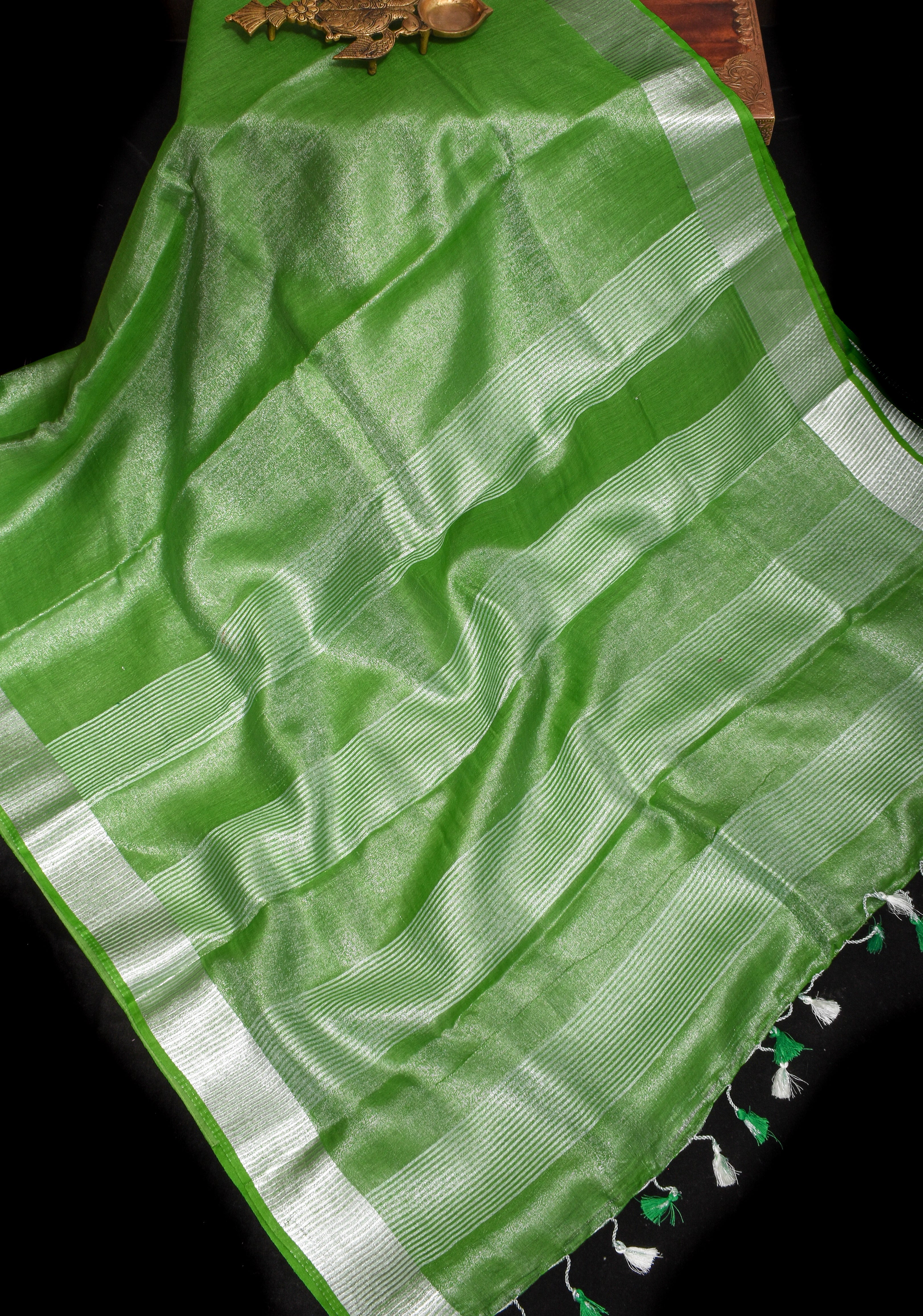 Green Silver Tissue Linen Saree with Silver Ribbed Zari Borders and Panel Pallu