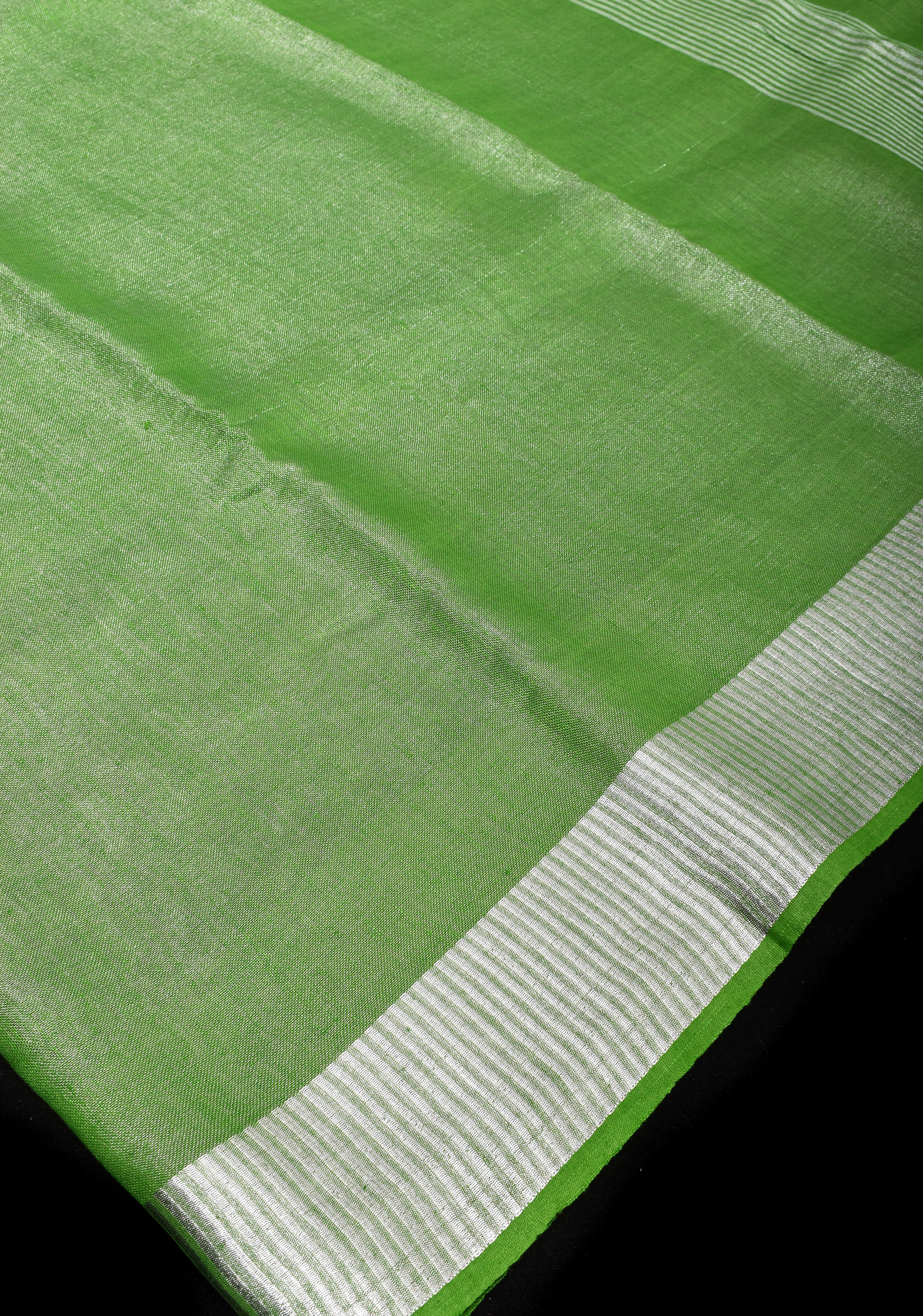 Green Silver Tissue Linen Saree with Silver Ribbed Zari Borders and Panel Pallu