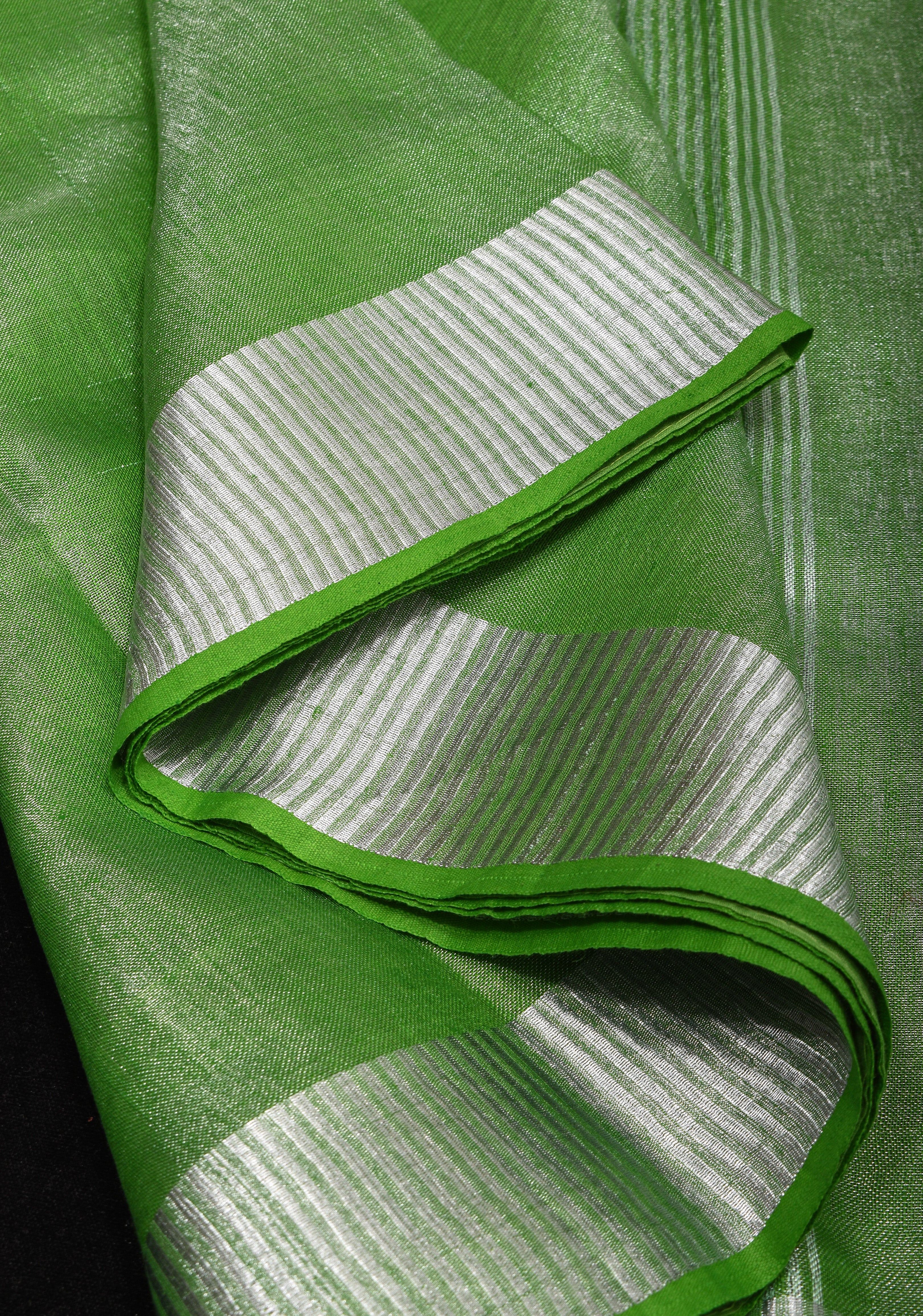 Green Silver Tissue Linen Saree with Silver Ribbed Zari Borders and Panel Pallu