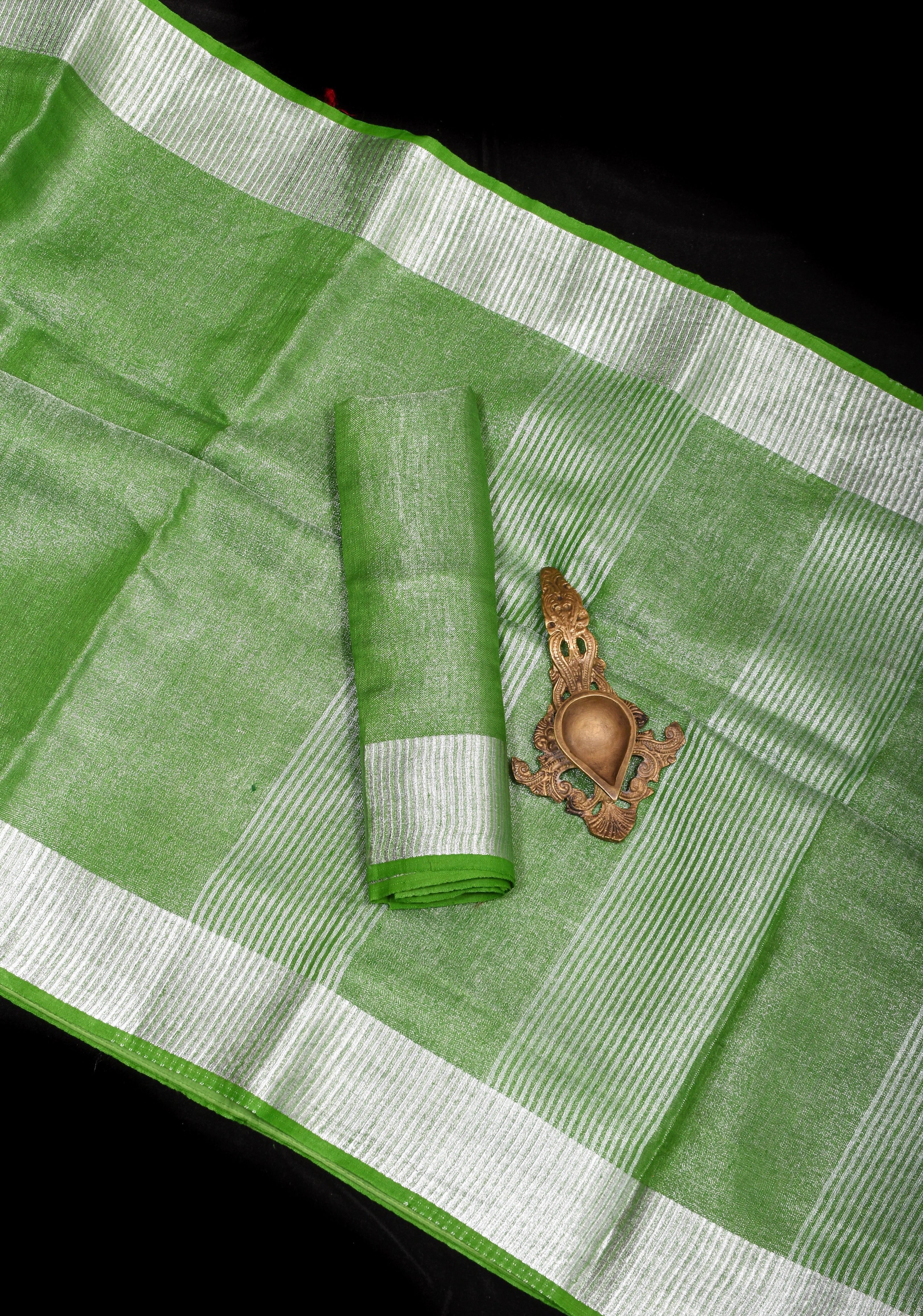 Green Silver Tissue Linen Saree with Silver Ribbed Zari Borders and Panel Pallu