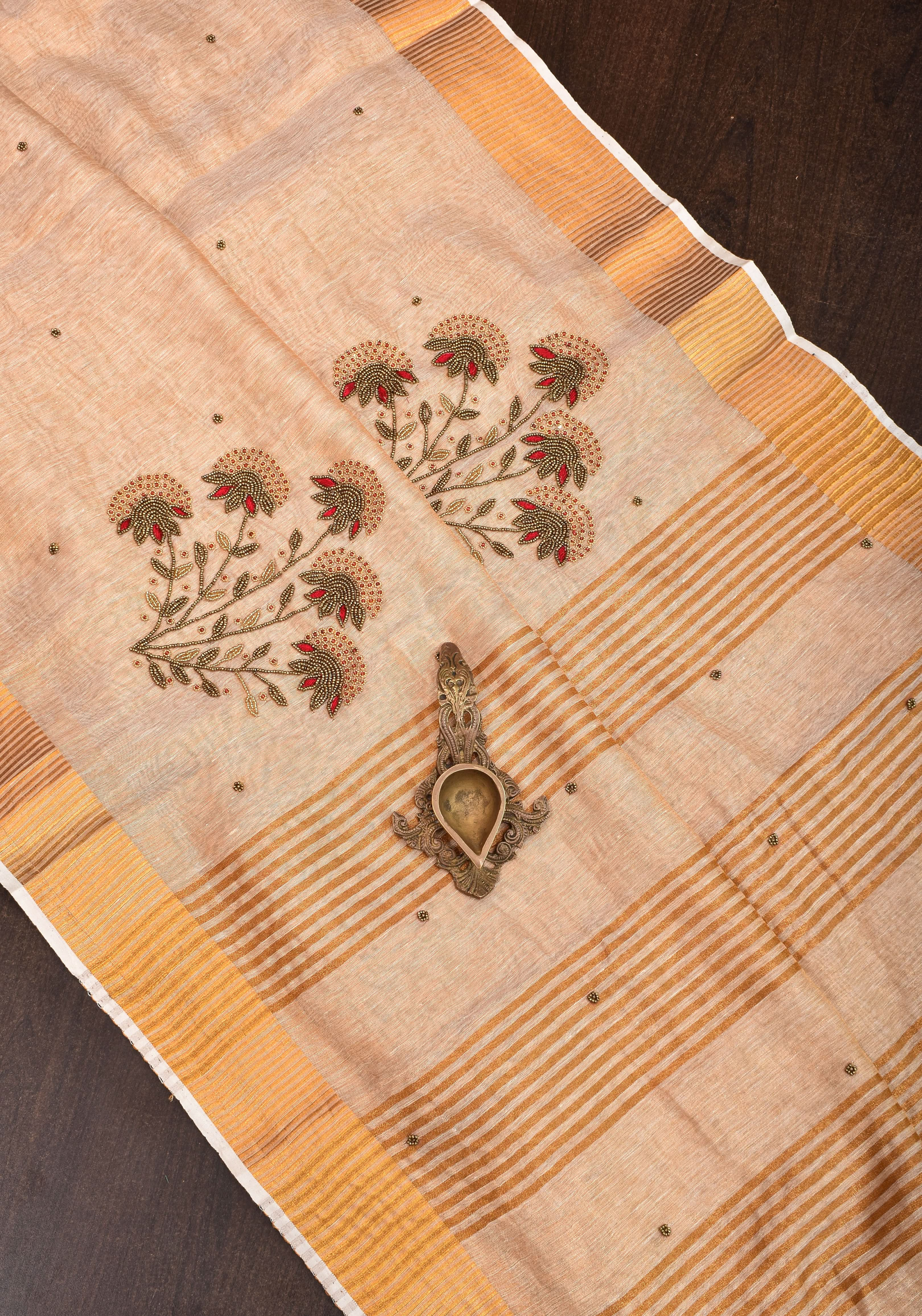 Tissue Linen Saree in Tan Tissue with  Bead and embroidery handwork